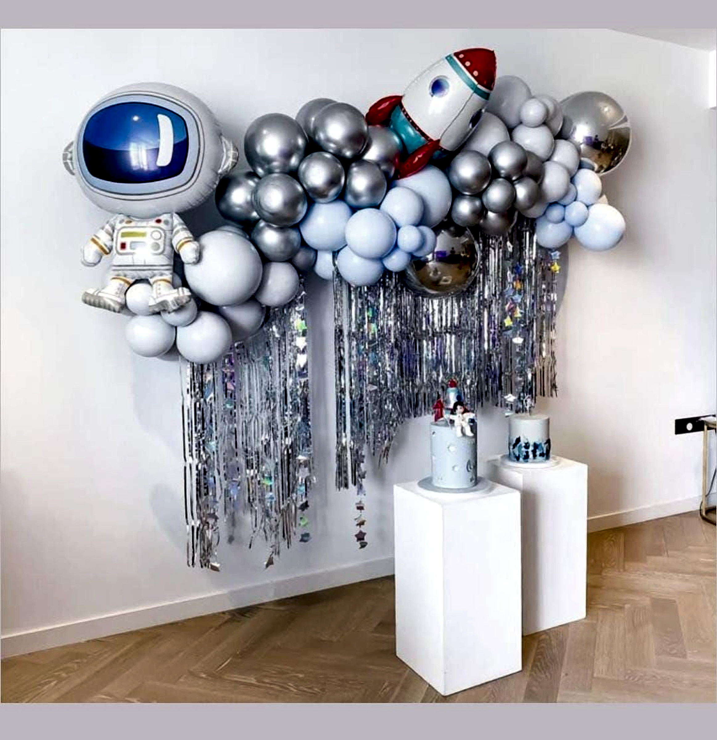 Space Themed Kids Birthday Decor With Silver And Blue Balloon Garland - Kids Birthday Decoration by ARV Decor thumbnail 2