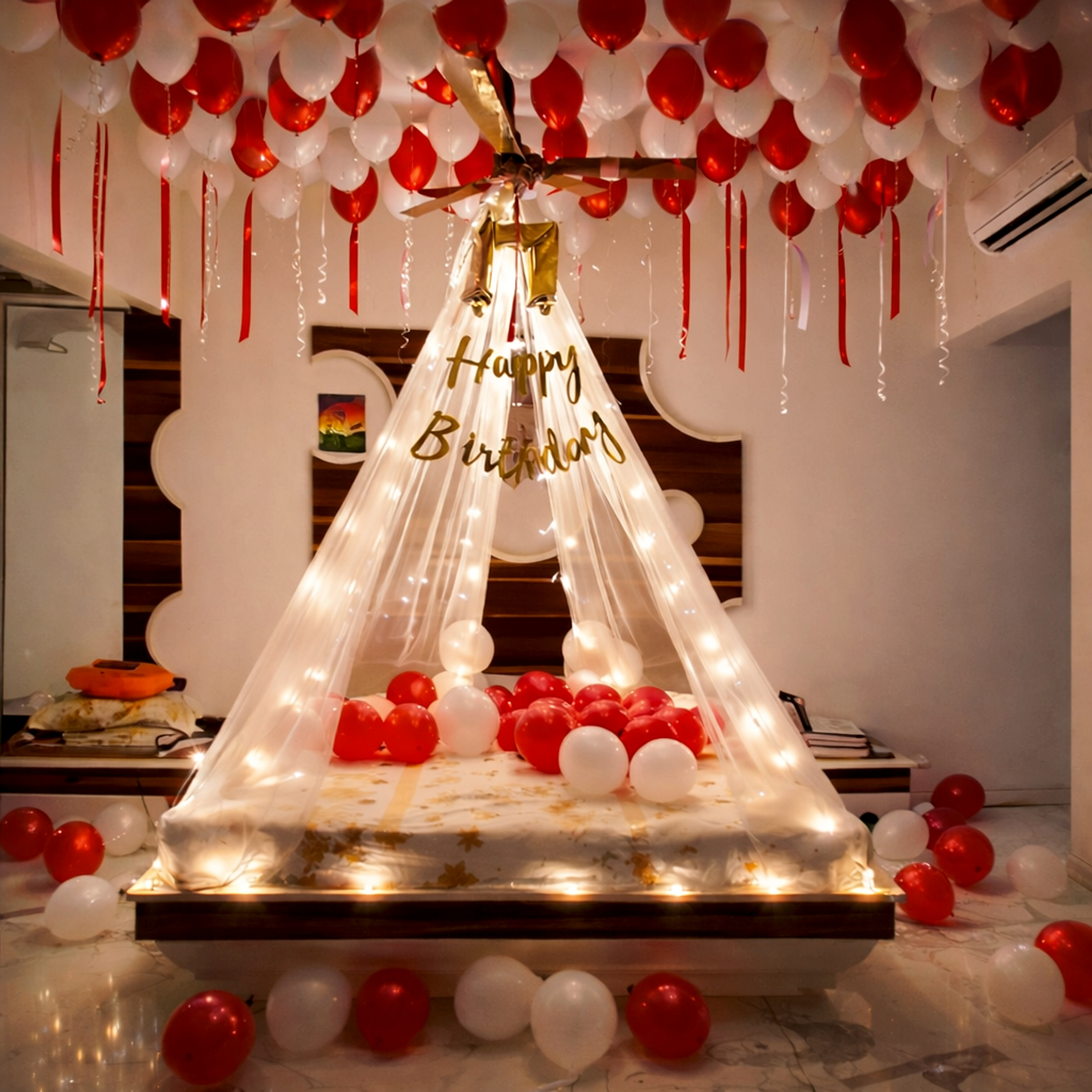 Romantic Red And White Birthday Room Decor With Balloon Ceiling And Canopy Lights - adult birthday by ARV Decor thumbnail 2