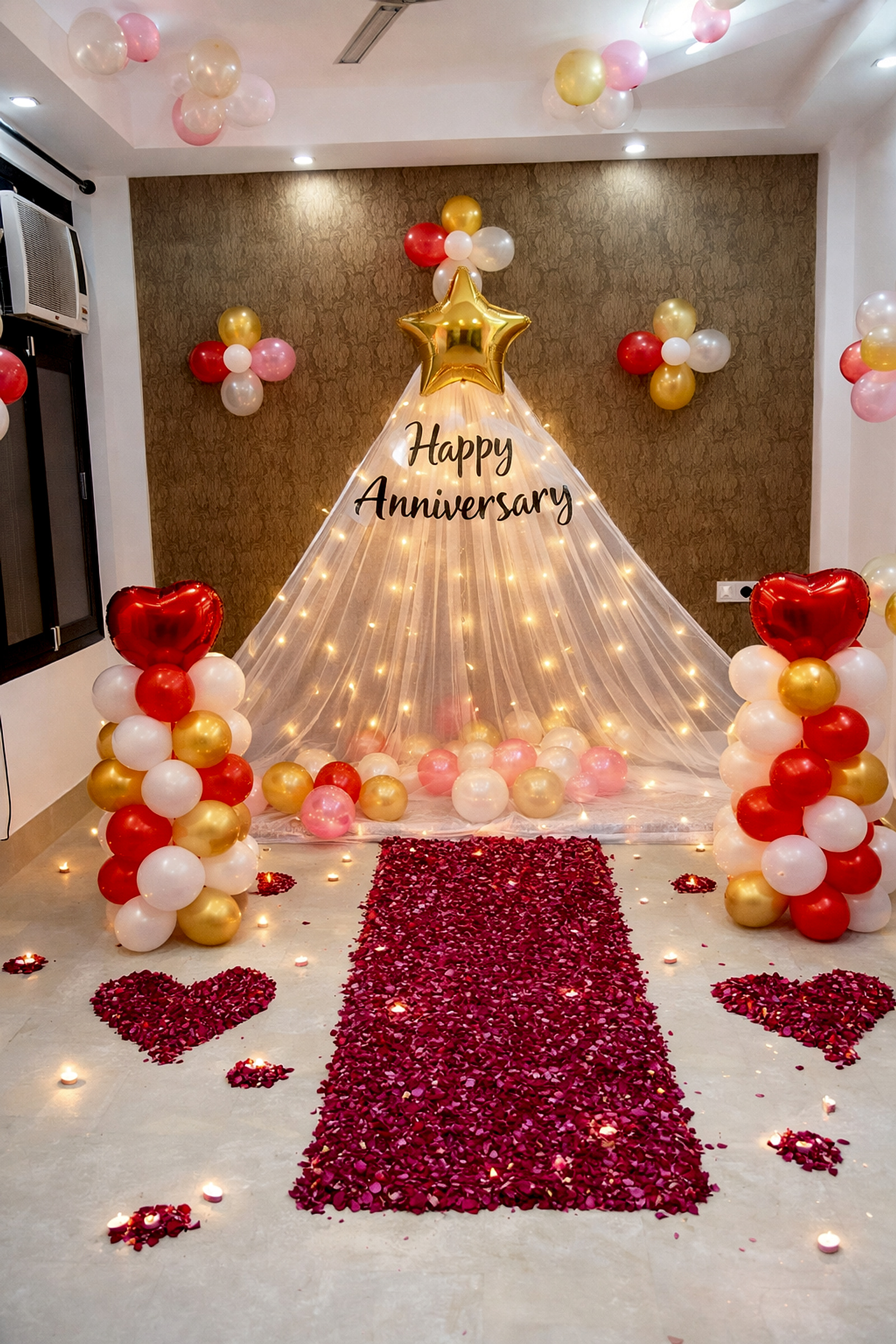 Romantic Red And Gold Anniversary Decoration With Balloon Pillars And Fairy Light Backdrop - Anniversary Decoration by ARV Decor thumbnail 2