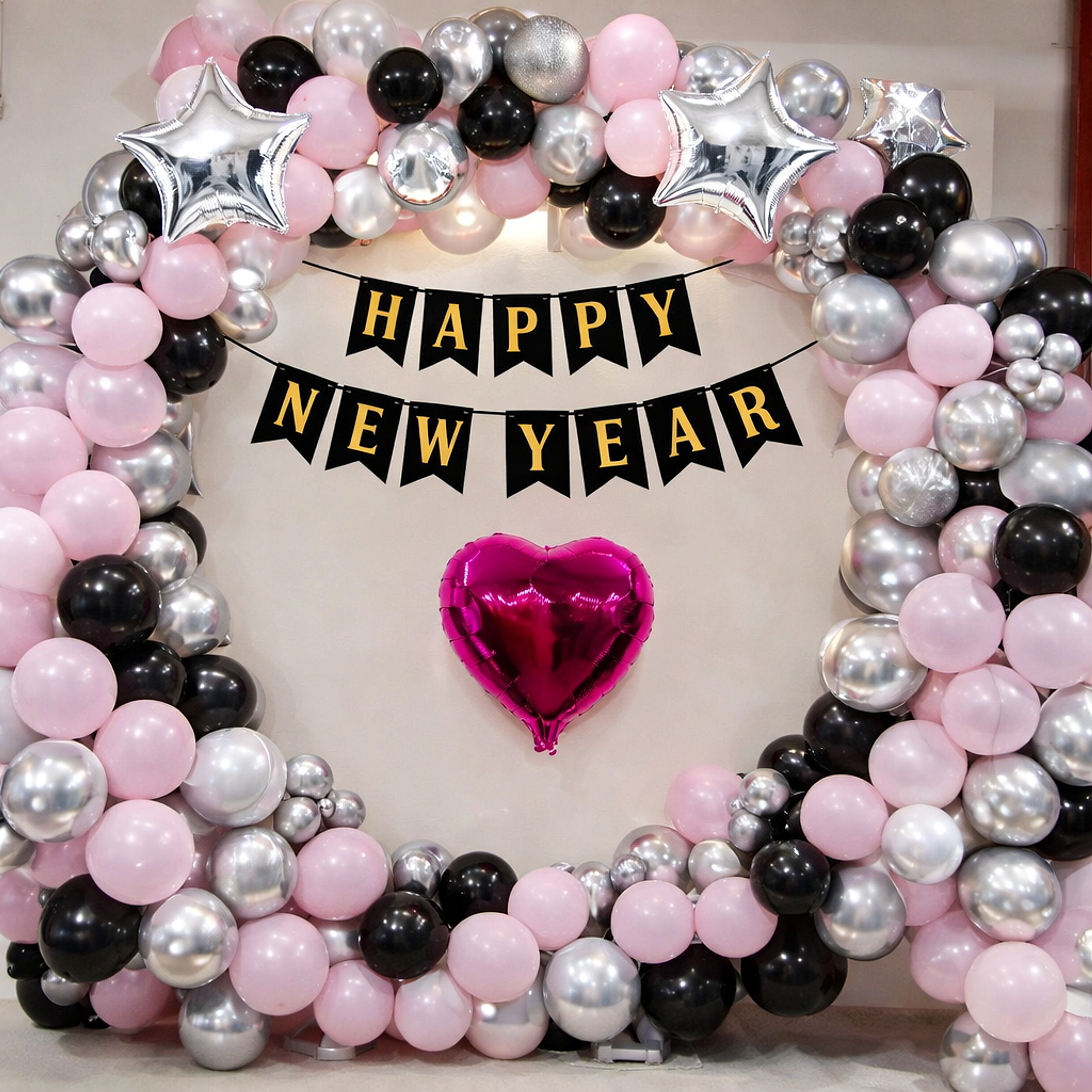 Modern Pink And Silver New Year Party Balloon Arch Backdrop - balloon and flower decoration by ARV Decor thumbnail 2