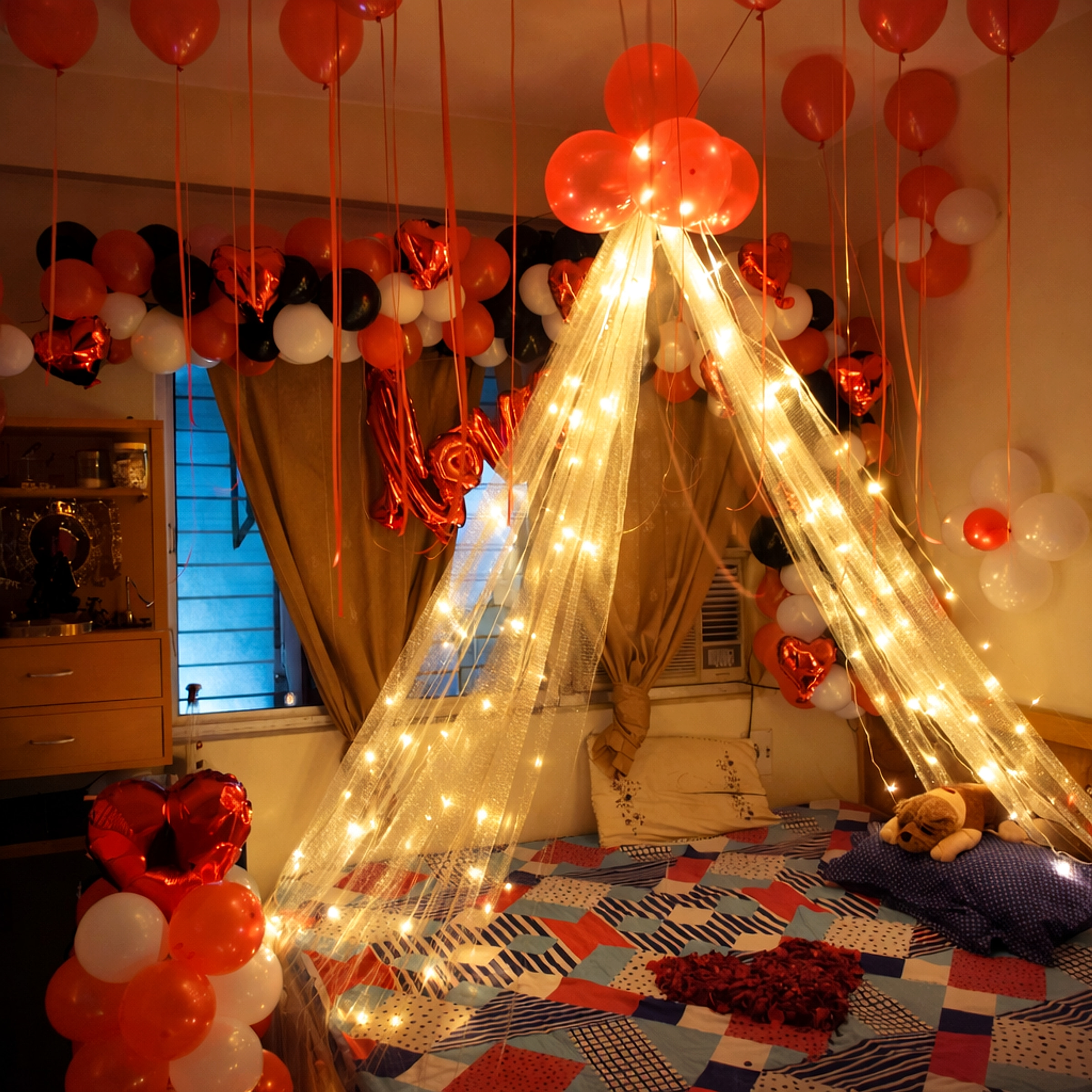 Romantic Red And White Anniversary Room Decor With Balloon Garland And Fairy Light Canopy - Romantic theme by ARV Decor thumbnail 2