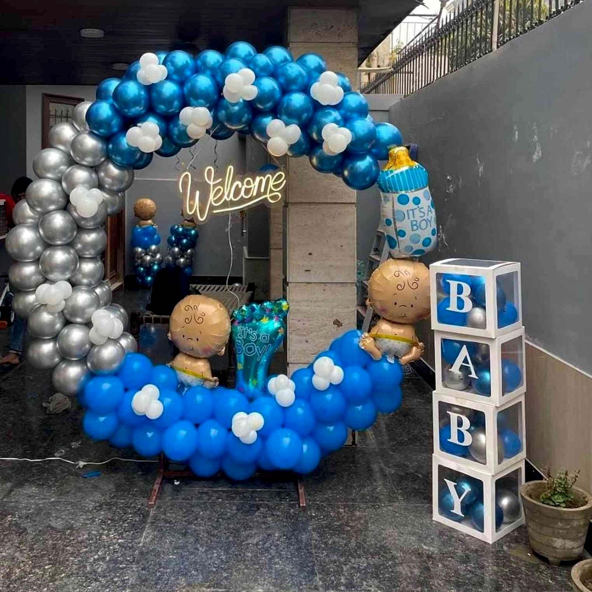 Welcome Baby Boy Blue And Silver Balloon Arch With Neon Sign For Baby Shower - Baby shower by ARV Decor thumbnail 2