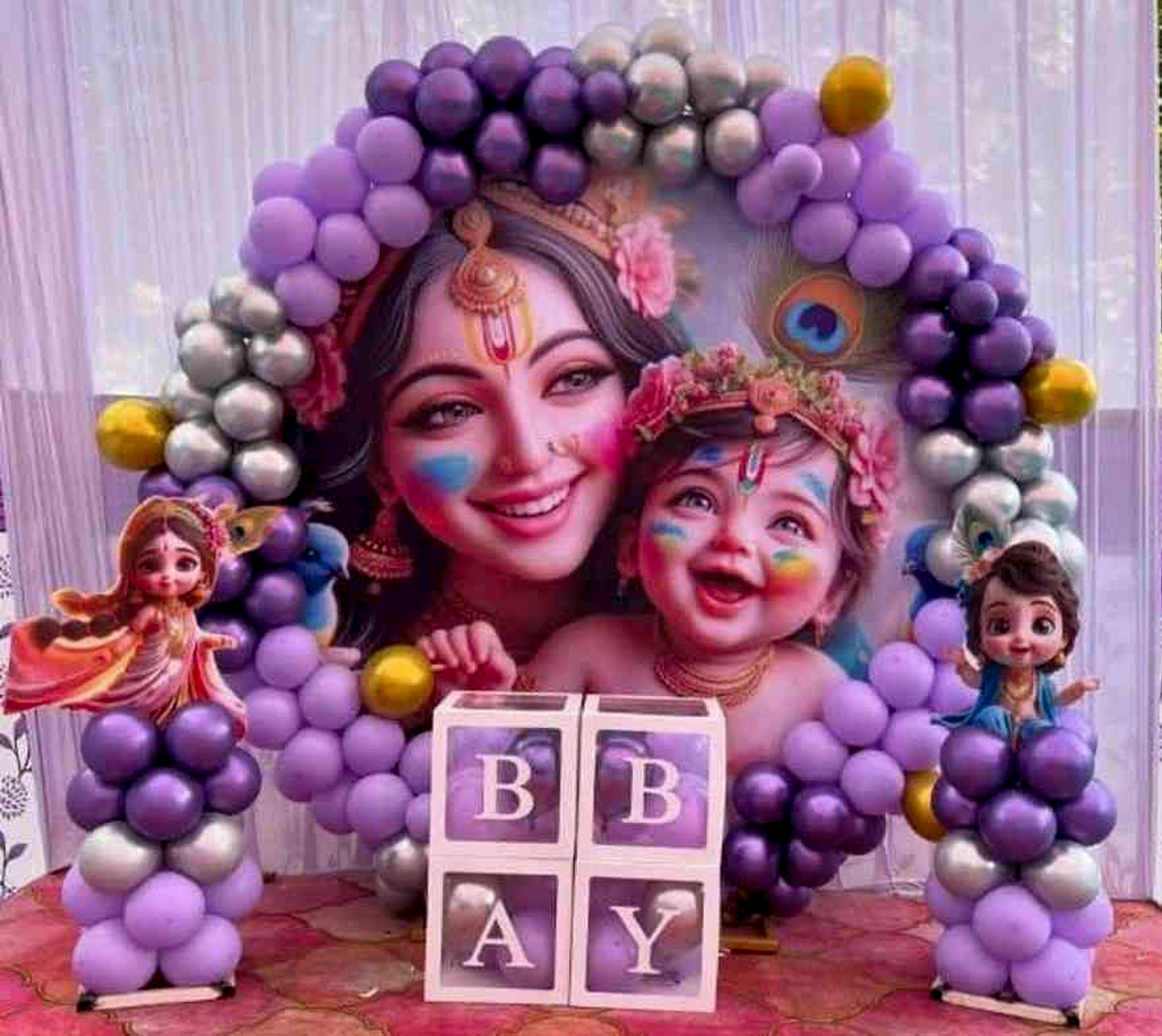 Baby Shower Purple Silver Balloon Arch With Krishna Theme Backdrop - Baby shower by ARV Decor thumbnail 2