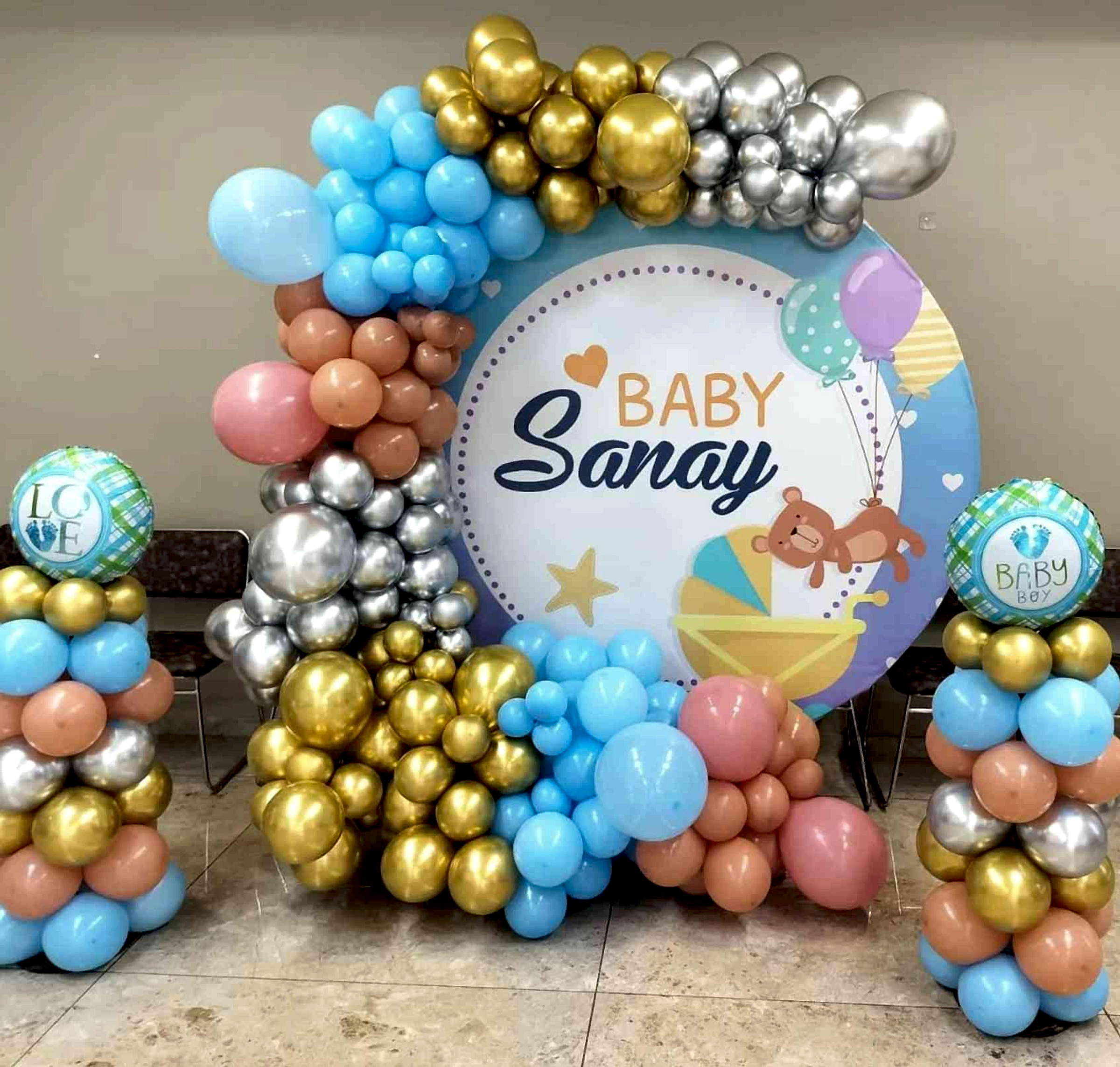 Baby Boy Welcome Decor With Blue And Gold Balloon Arch And Personalized Backdrop - Baby shower by ARV Decor thumbnail 2