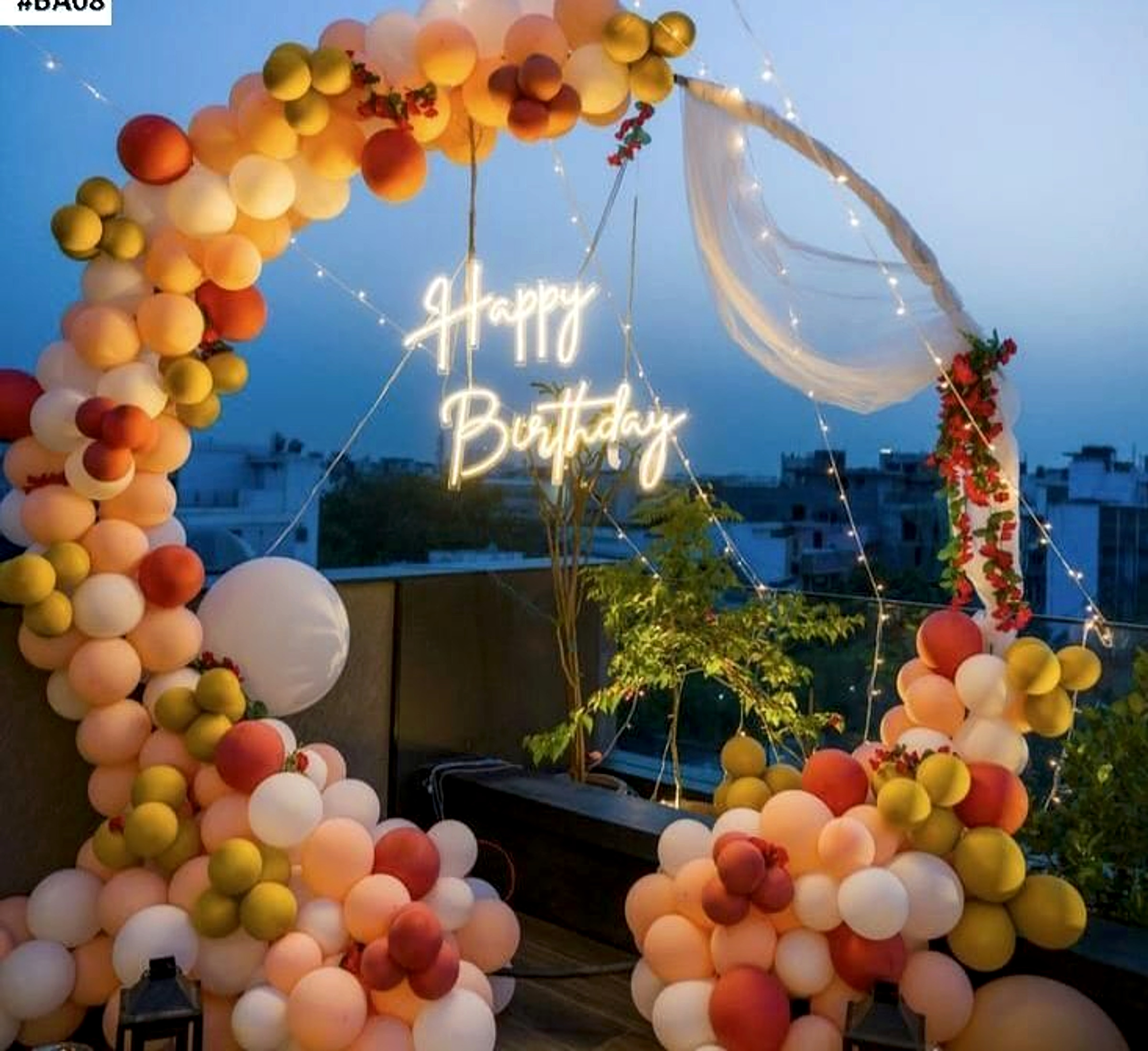 Modern Peach And Gold Birthday Balloon Arch With Neon Sign Decor - adult birthday by ARV Decor thumbnail 2