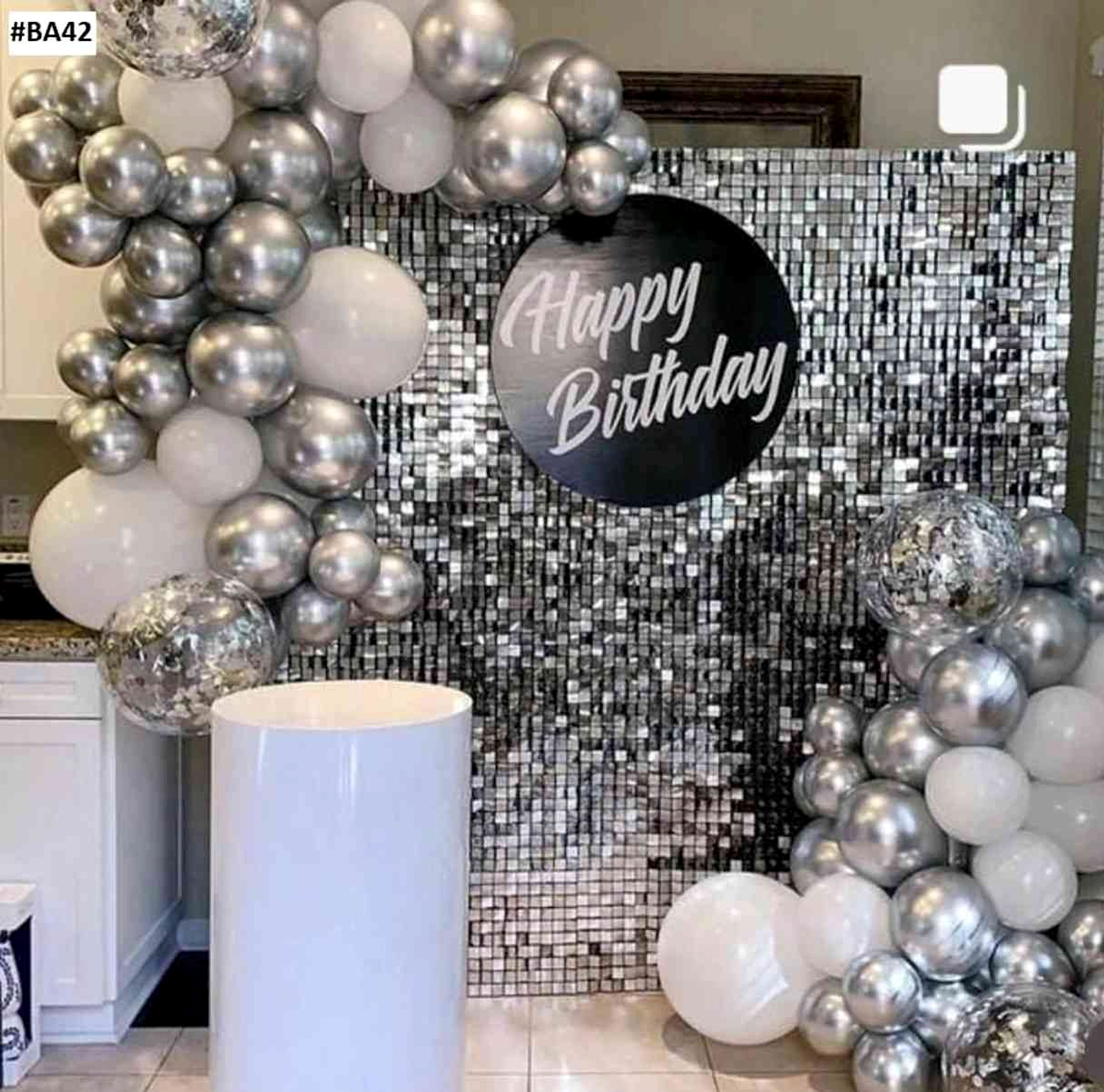 Silver And White Modern Birthday Decor With Balloon Arch And Sequin Backdrop - adult birthday by ARV Decor thumbnail 2