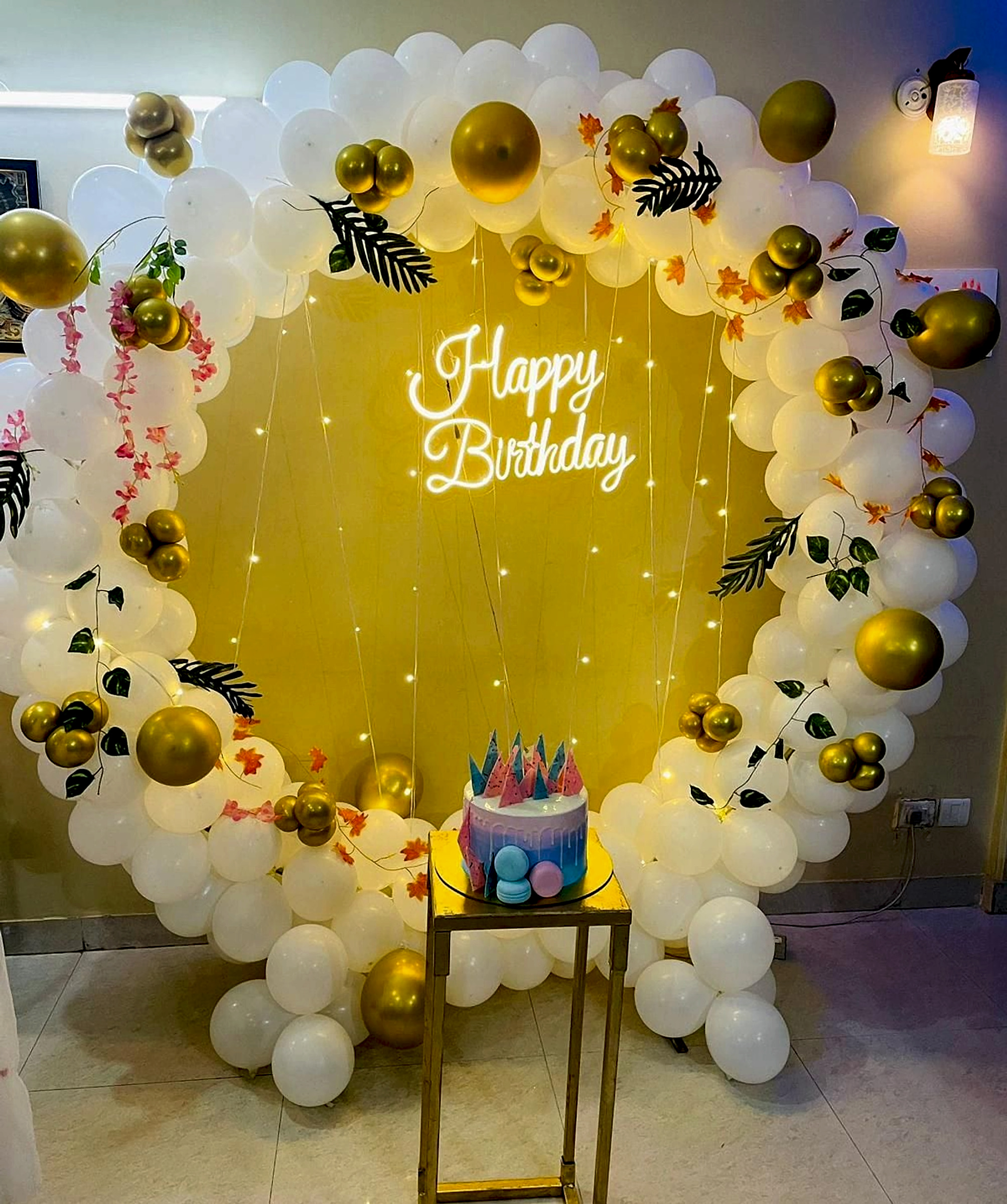 White And Gold Balloon Arch Birthday Backdrop With Neon Sign For Adult Celebration - adult birthday by ARV Decor thumbnail 2