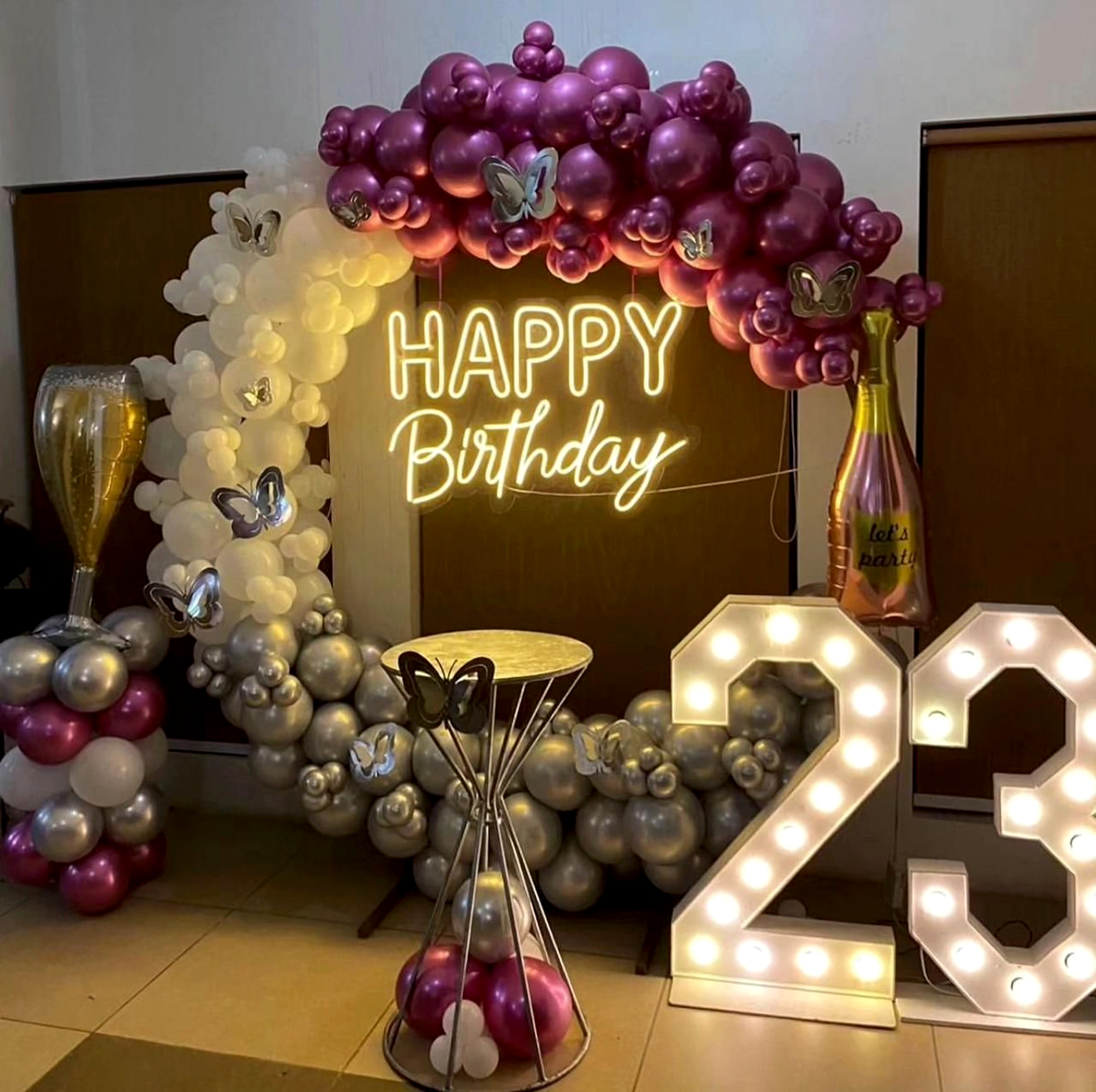 Luxury Purple And Silver Balloon Birthday Decor With Neon Sign And Marquee Numbers For 23rd Celebration - adult birthday by ARV Decor thumbnail 2