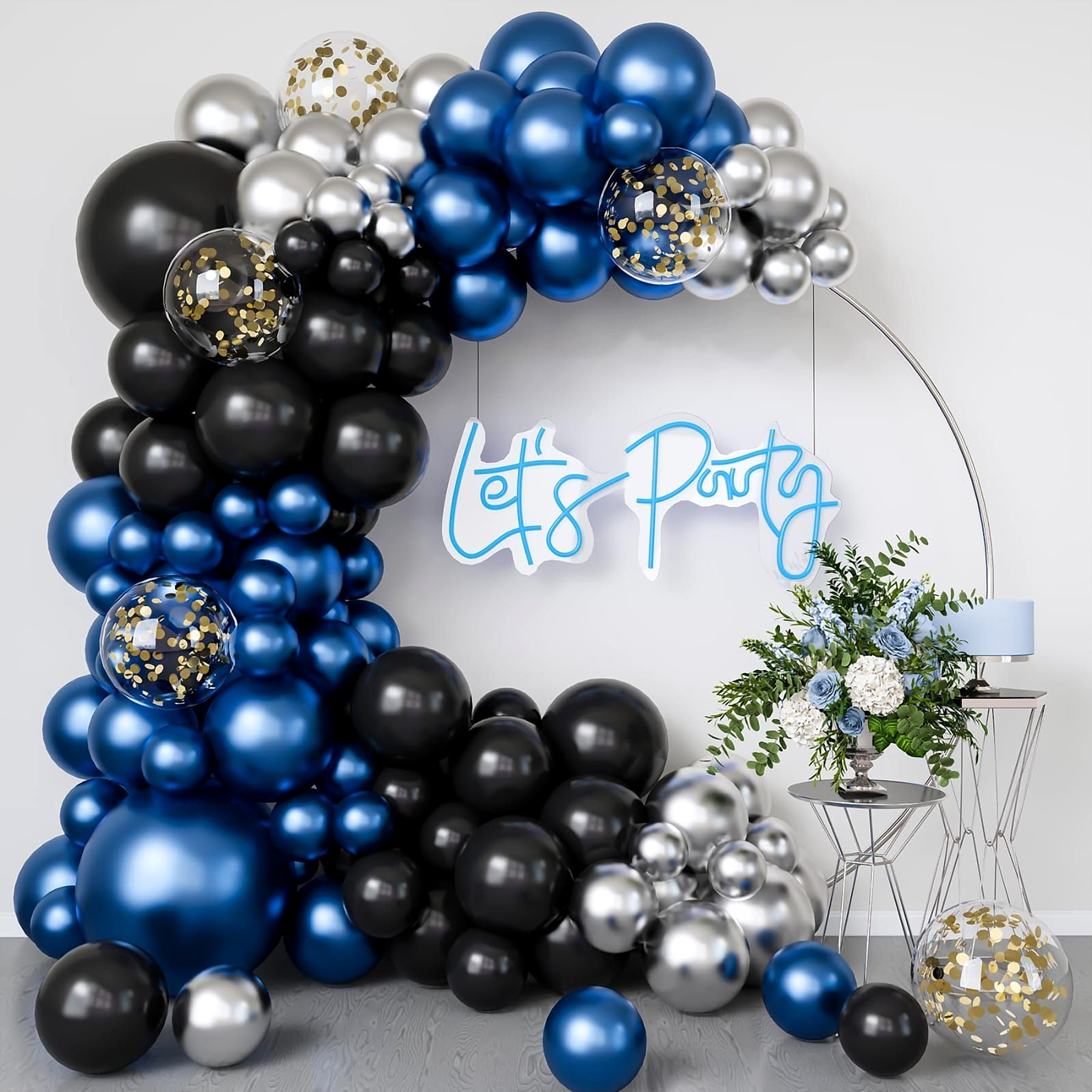 Modern Blue and Silver Balloon Arch Party Backdrop with Neon Let's Party Sign - adult birthday by ARV Decor thumbnail 2
