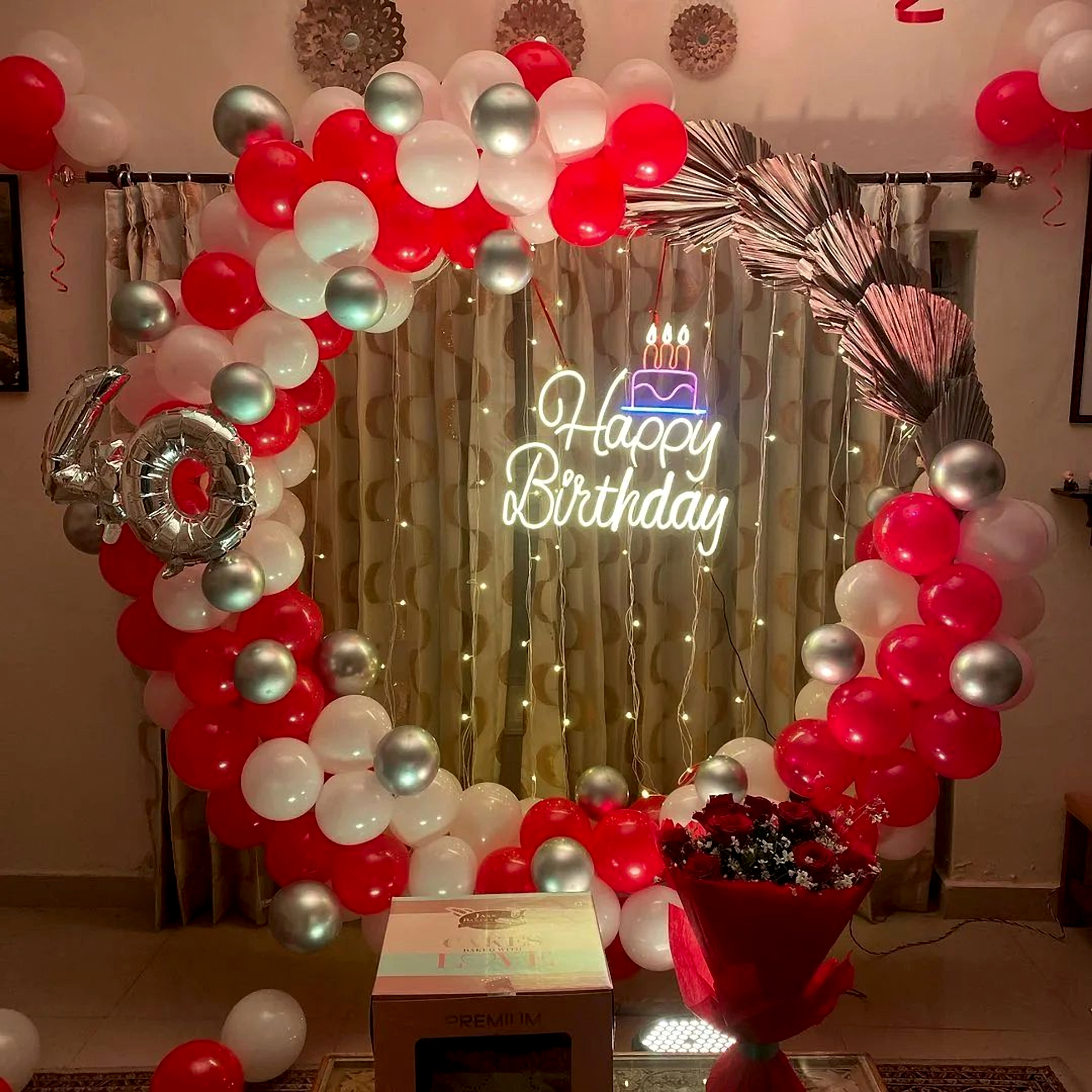 Red And Silver 40th Birthday Balloon Arch With Neon Happy Birthday Sign - adult birthday by ARV Decor thumbnail 2