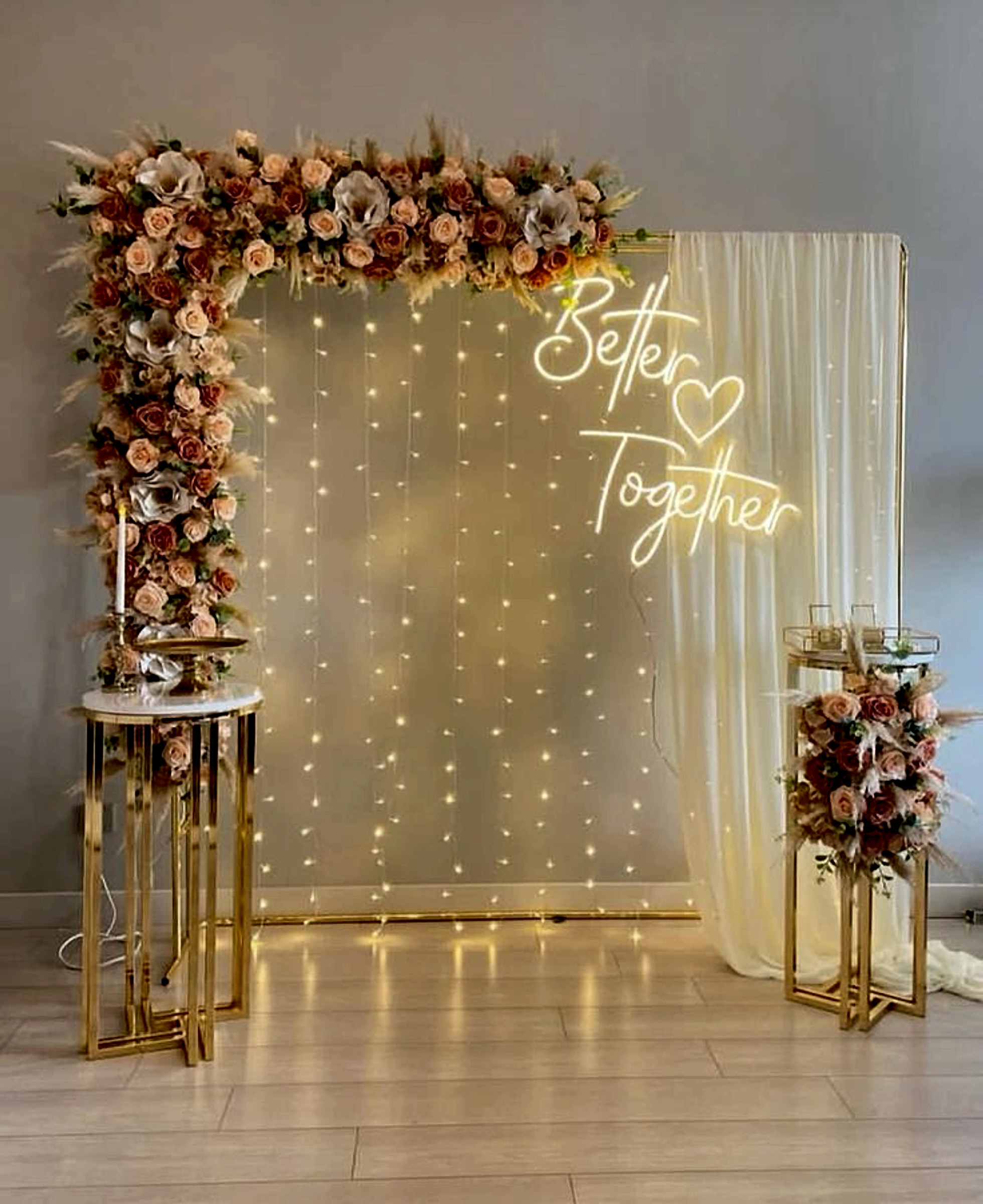 Luxury Engagement Decor In Peach And Gold With Floral Arch And Neon Sign - Engagement by ARV Decor thumbnail 2