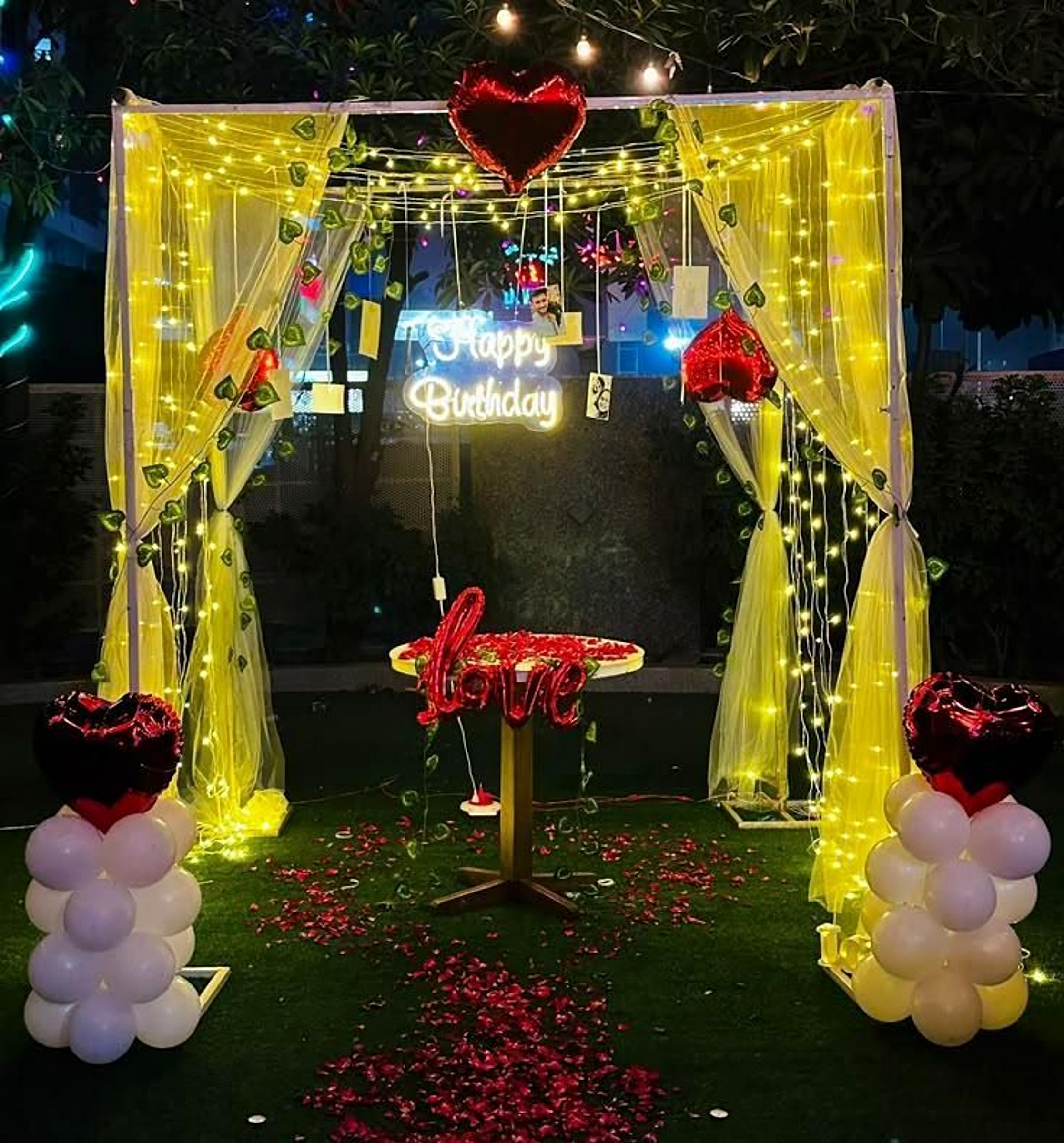 Romantic Red And Yellow Birthday Decoration With Lights And Heart Balloons - adult birthday by ARV Decor thumbnail 2