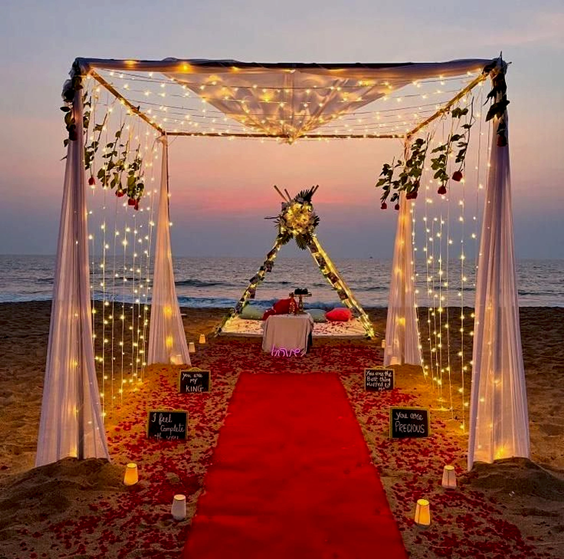 Romantic Beach Anniversary Setup With Red Carpet And String Lights - Romantic theme by ARV Decor thumbnail 2