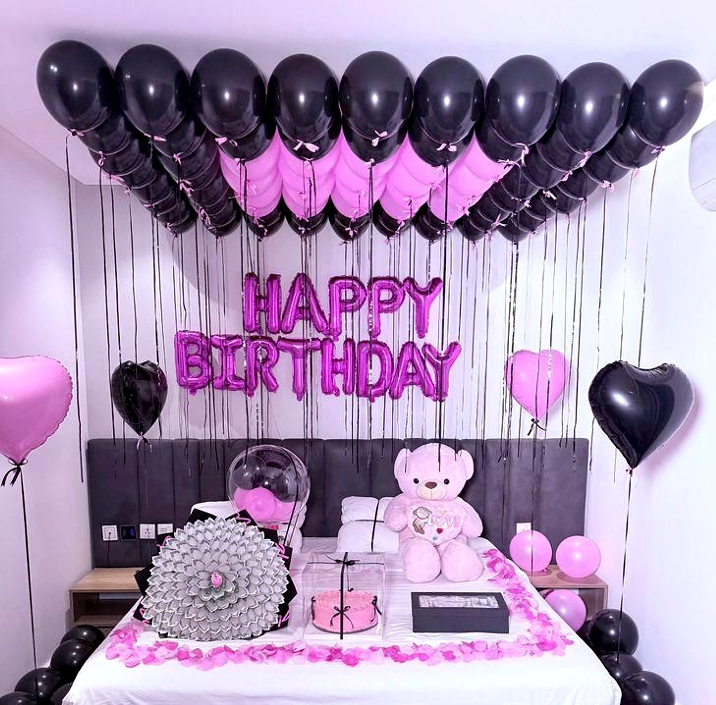 Modern Black And Pink Birthday Room Decor With Balloons And Foil Letters - adult birthday by ARV Decor thumbnail 2