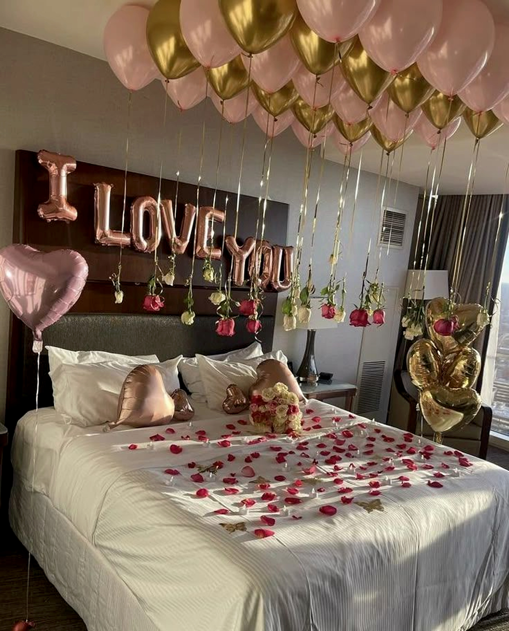 Romantic Room Decoration with Pink and Gold Balloons and 'I Love You' Letters for Surprise Occasion - romantic bedroom decor by ARV Decor thumbnail 2