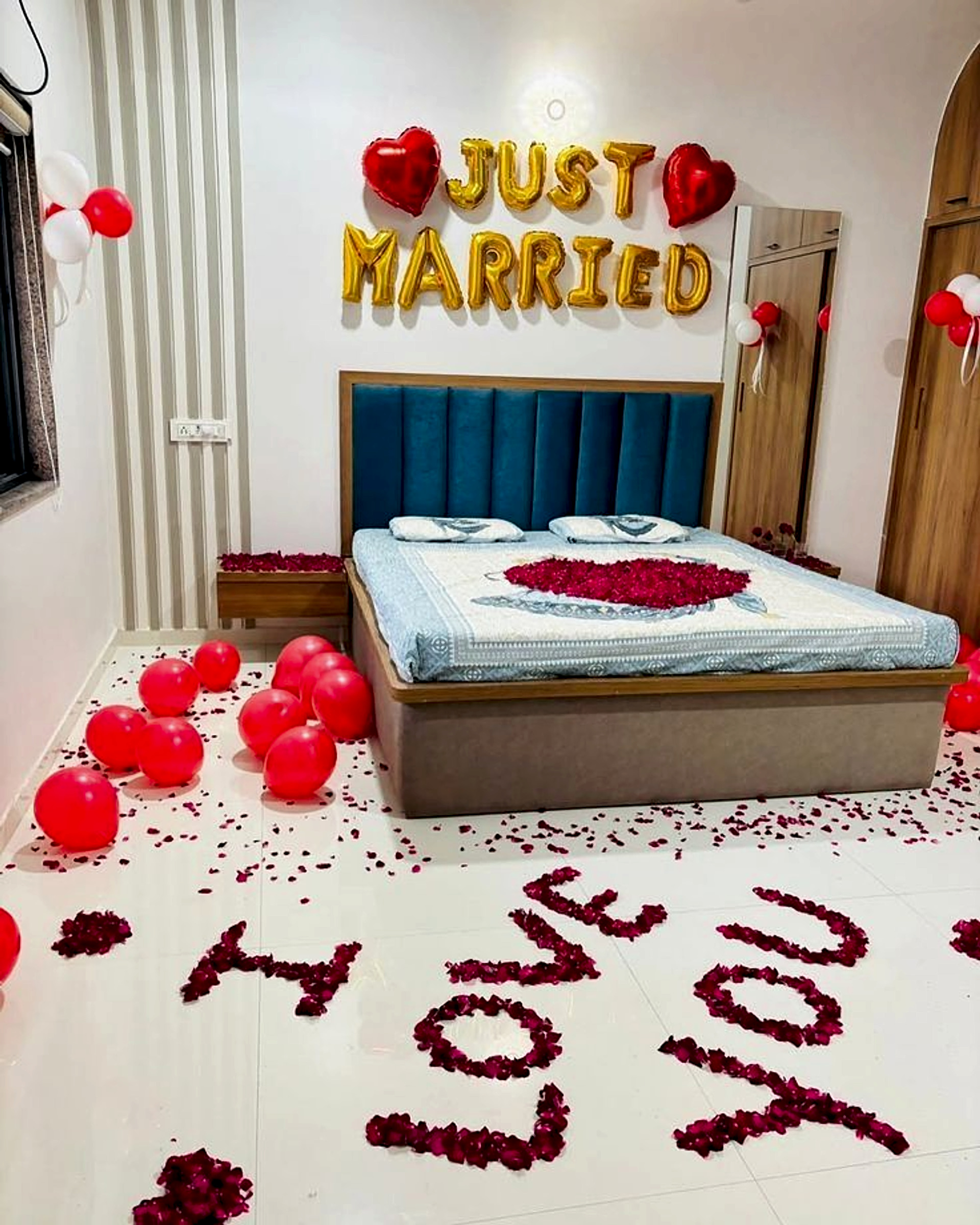 Romantic Just Married Room Decoration With Red Balloons And Rose Petals - Romantic theme by ARV Decor thumbnail 2