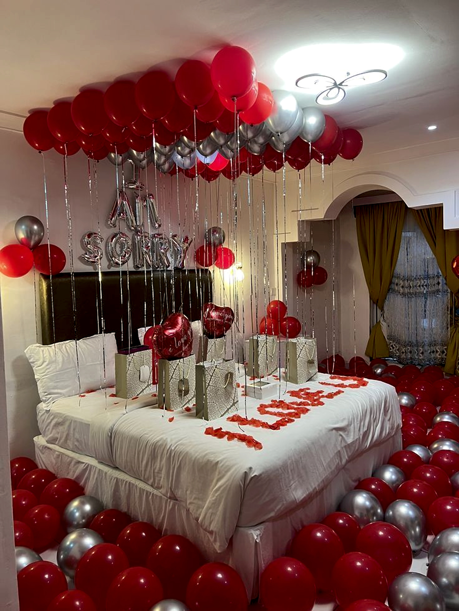 Romantic Sorry Room Surprise With Red Silver Balloons And Gift Bags - Romantic theme by ARV Decor thumbnail 2