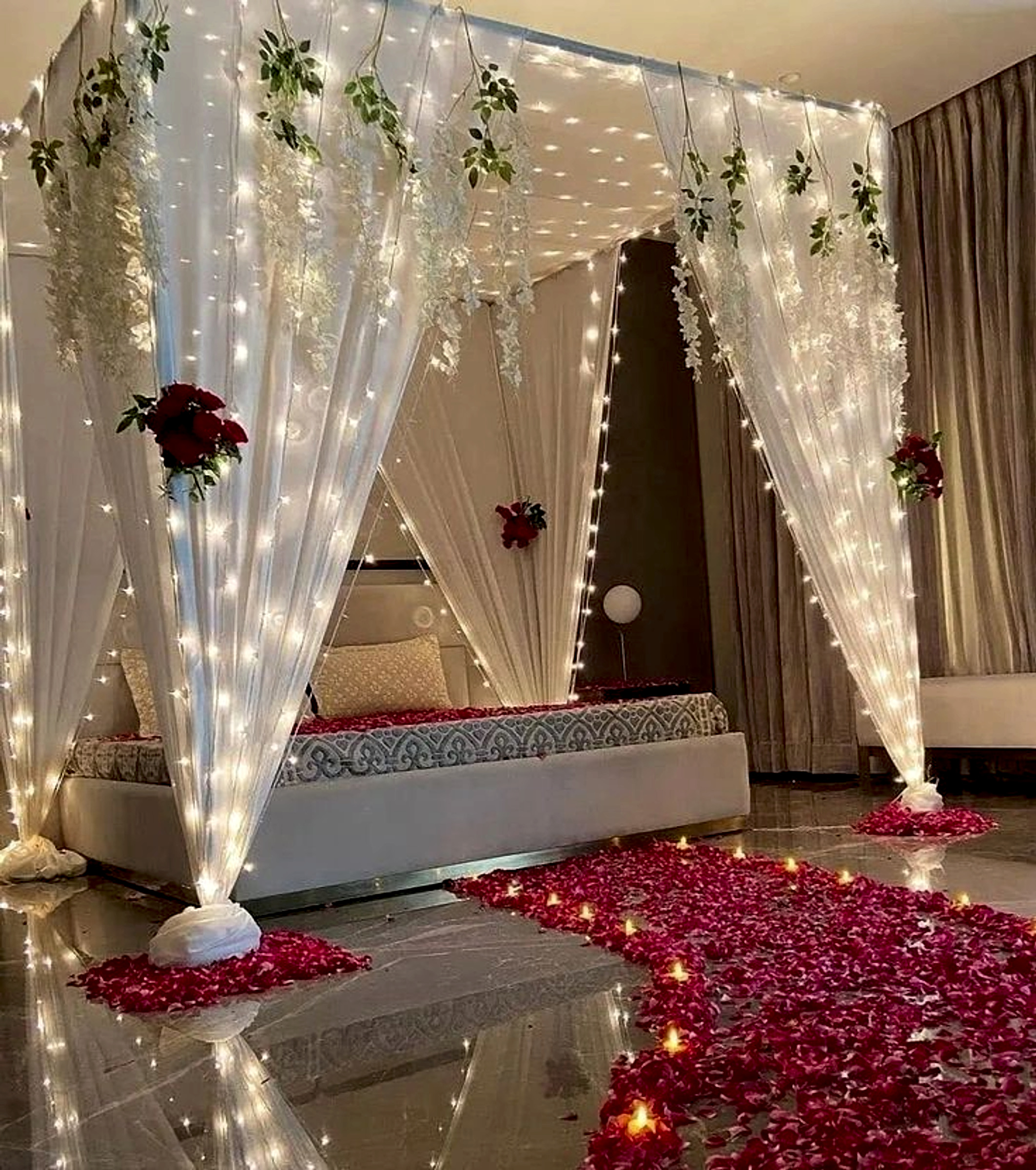 Romantic White And Red Anniversary Bedroom Canopy Decoration With Lights And Flowers - romantic bedroom decor by ARV Decor thumbnail 2
