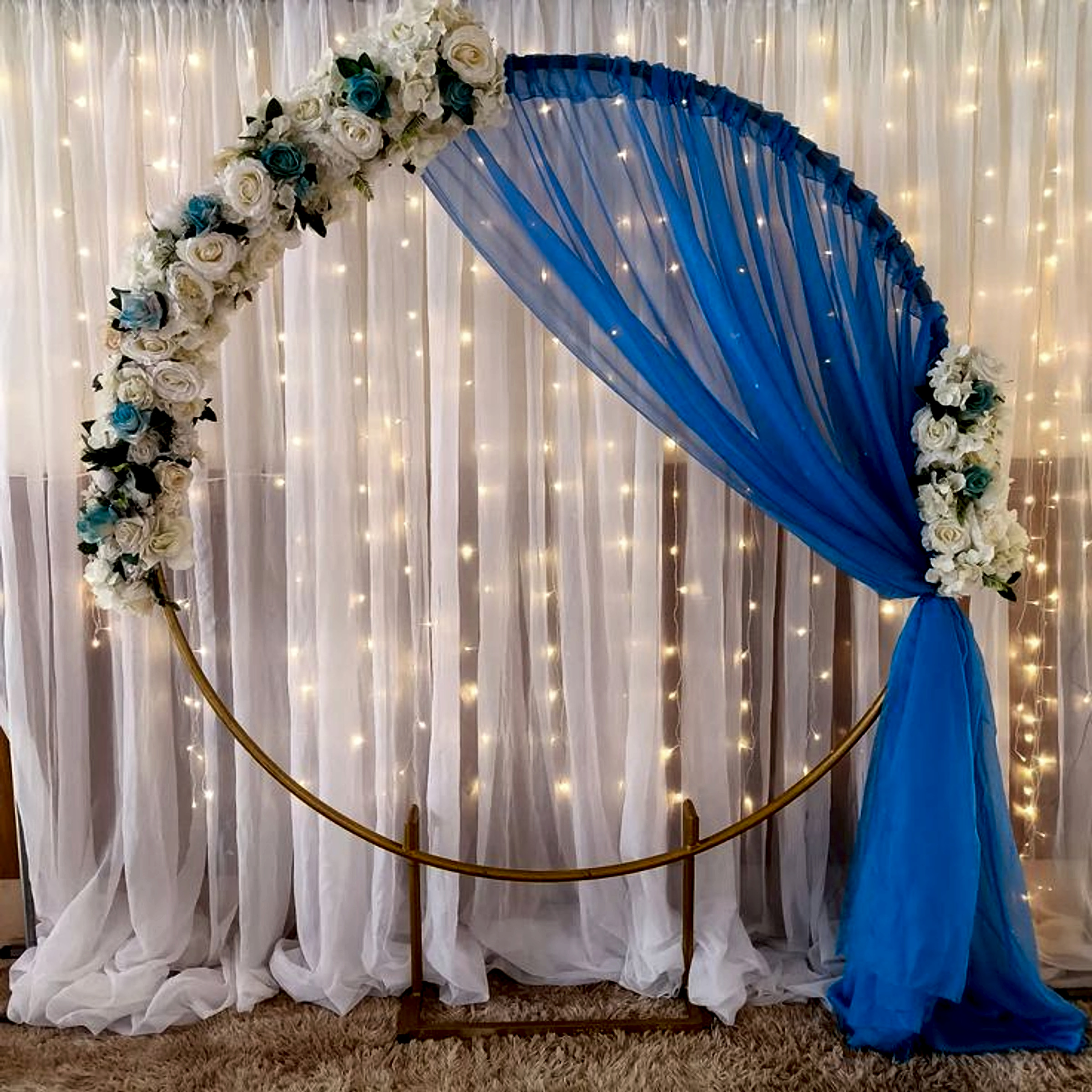 Modern Blue And White Engagement Backdrop With Floral Arch And Lights - Engagement by ARV Decor thumbnail 2