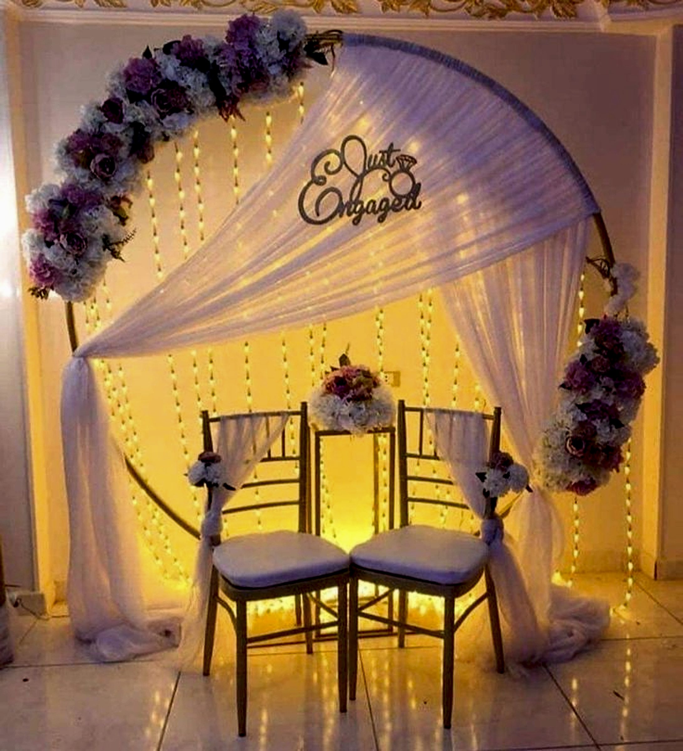 Romantic White And Gold Engagement Decor With Floral Circular Backdrop - Engagement by ARV Decor thumbnail 2