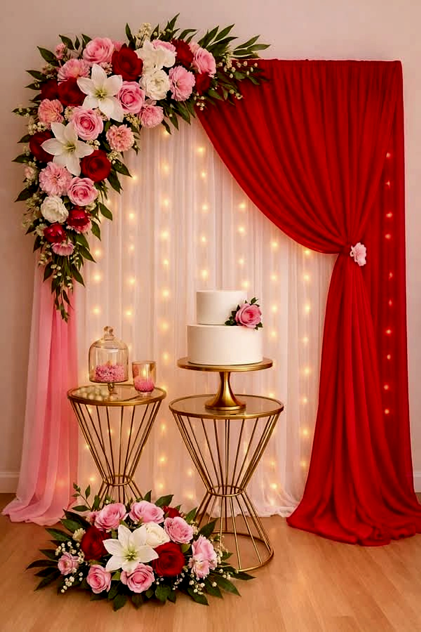 Romantic Red And Pink Floral Wedding Stage With Gold Pedestals - Engagement by ARV Decor thumbnail 2
