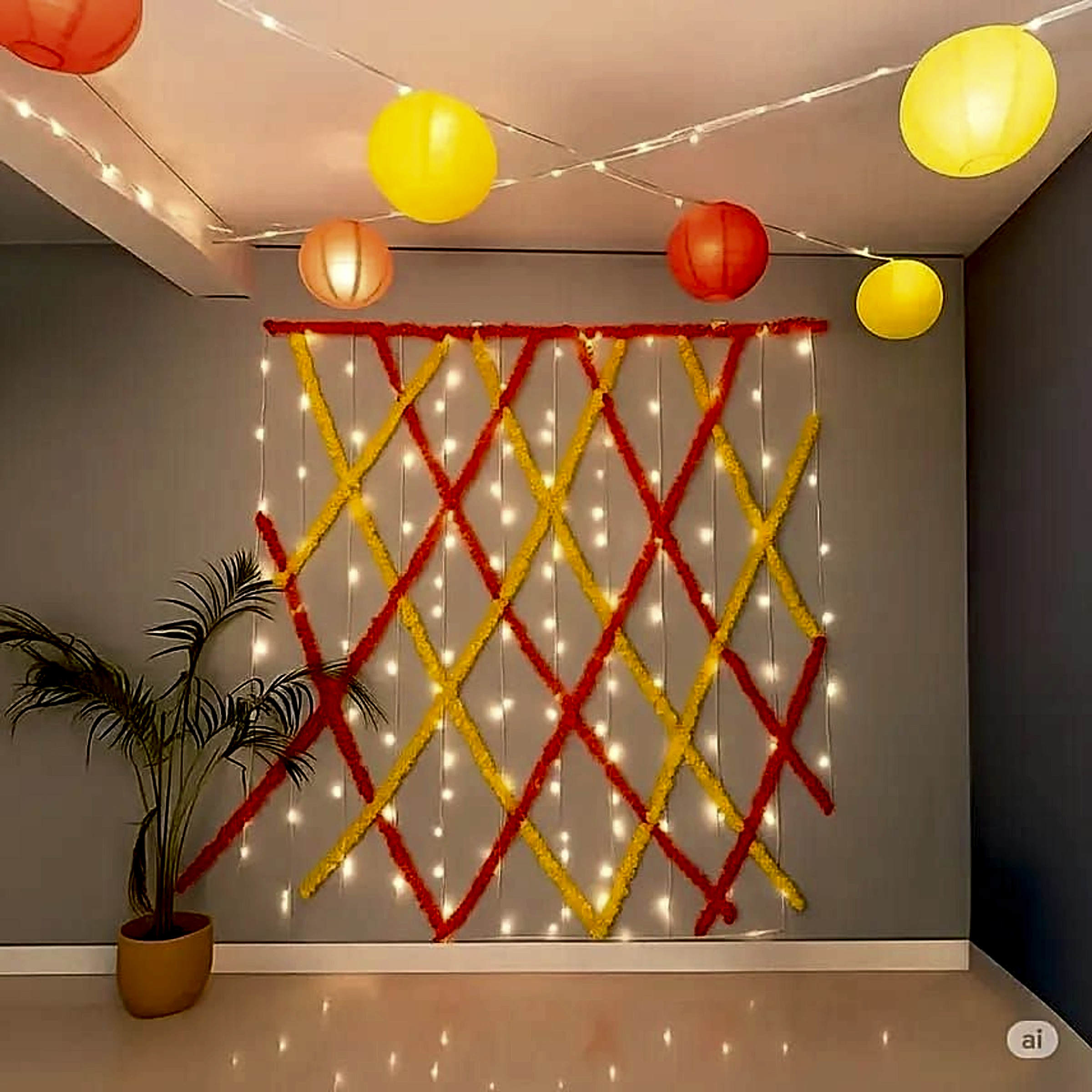 Yellow And Orange Festive Minimal Party Backdrop With String Lights - Housewarming by ARV Decor thumbnail 2