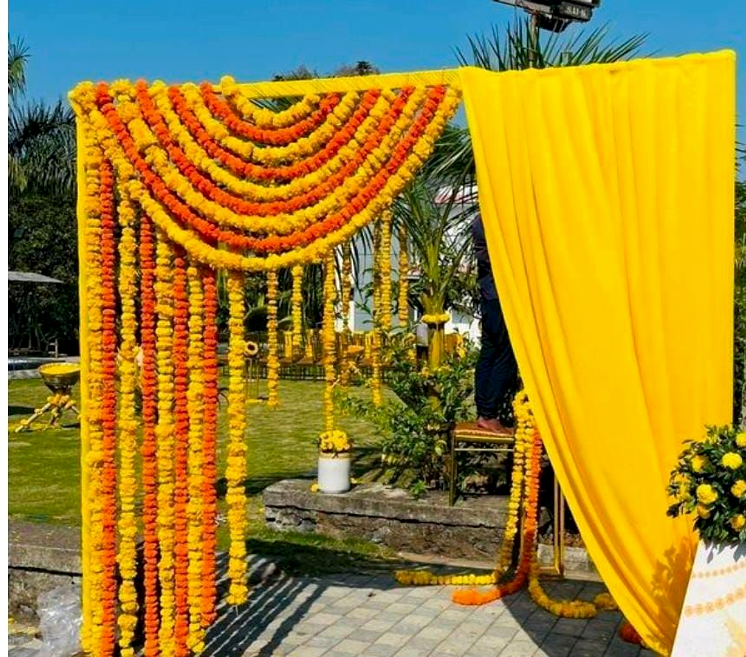 Traditional Yellow And Orange Floral Garland Wedding Entrance Decor - Housewarming by ARV Decor thumbnail 2