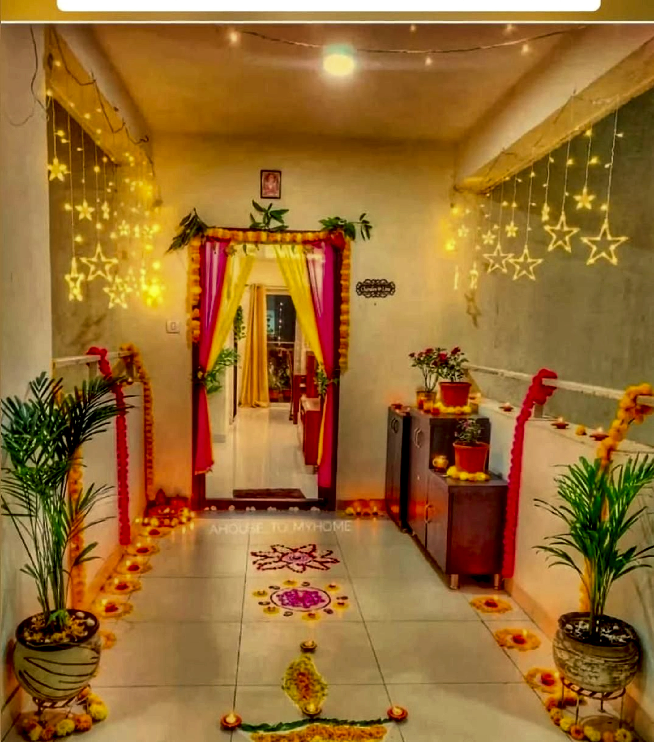 Traditional Yellow And Pink Festival Home Entrance Decor With Flower Garlands And Lights - Housewarming by ARV Decor thumbnail 2