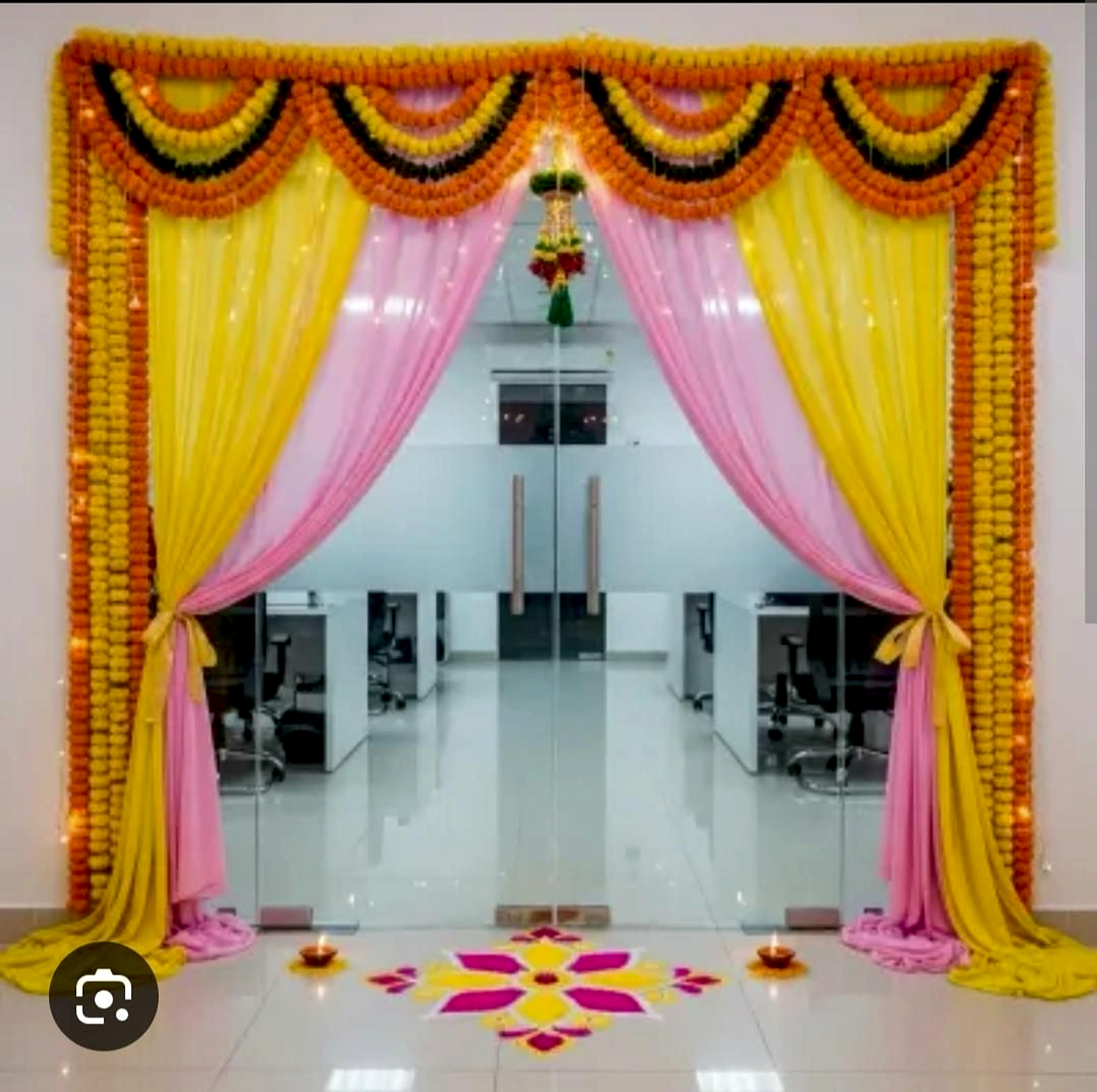 Traditional Yellow And Pink Festive Entrance Decor With Marigold Garlands For Office - Housewarming by ARV Decor thumbnail 2