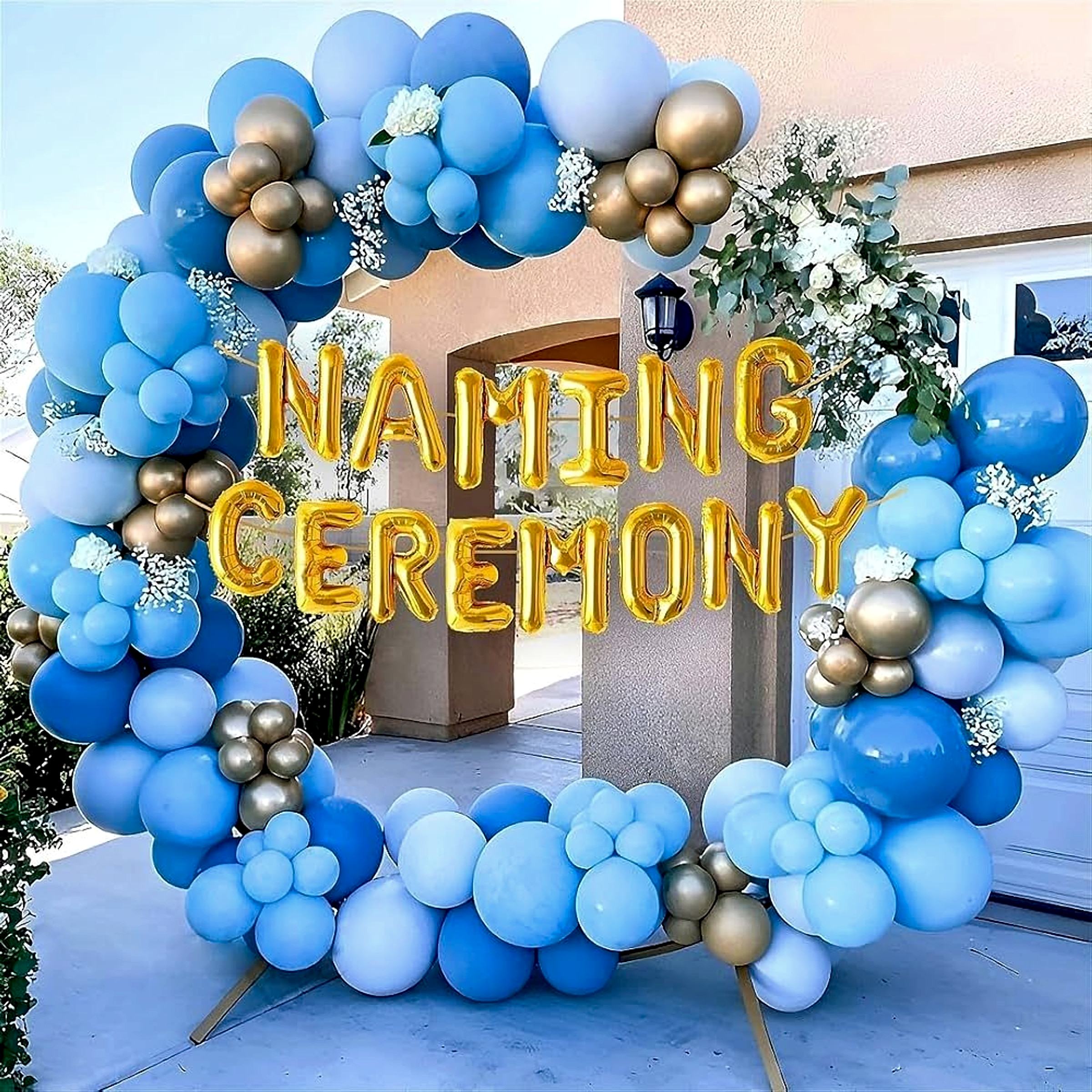 Blue And Gold Naming Ceremony Balloon Arch Decor With Floral Accents - Baby world by ARV Decor thumbnail 2