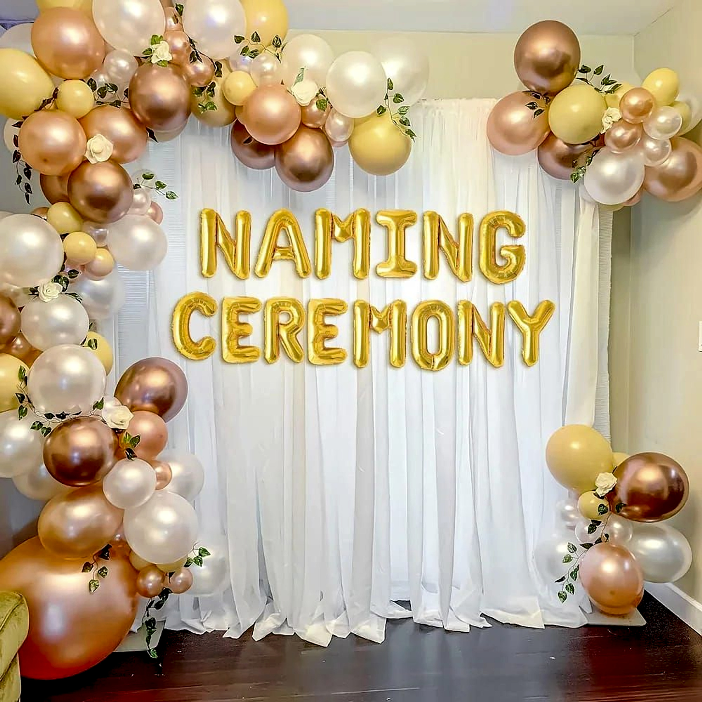 Modern Gold And White Balloon Arch Naming Ceremony Backdrop Decor - Baby world by ARV Decor thumbnail 2