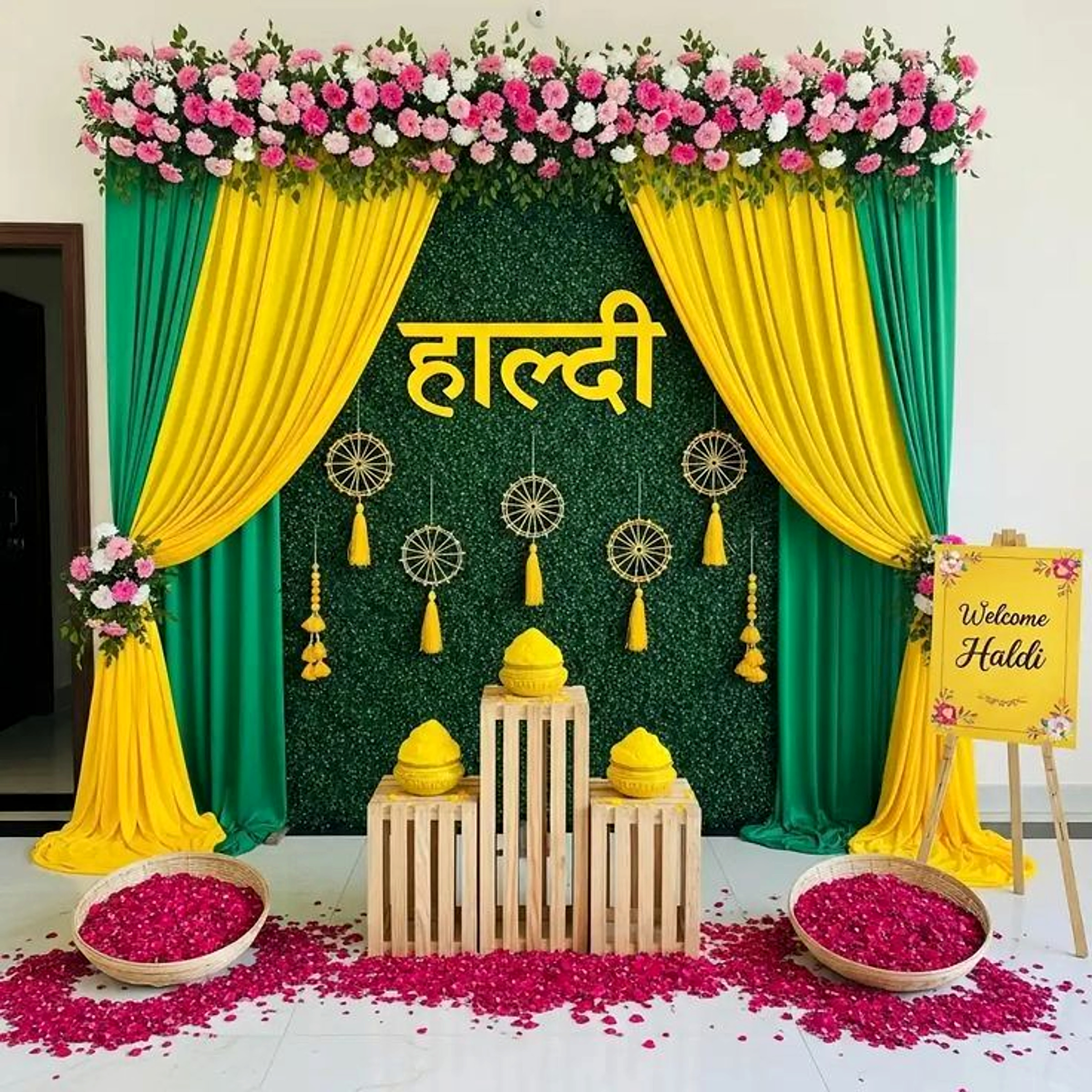 Traditional Haldi Ceremony Backdrop In Yellow And Green With Floral Decor - wedding decoration by ARV Decor thumbnail 2