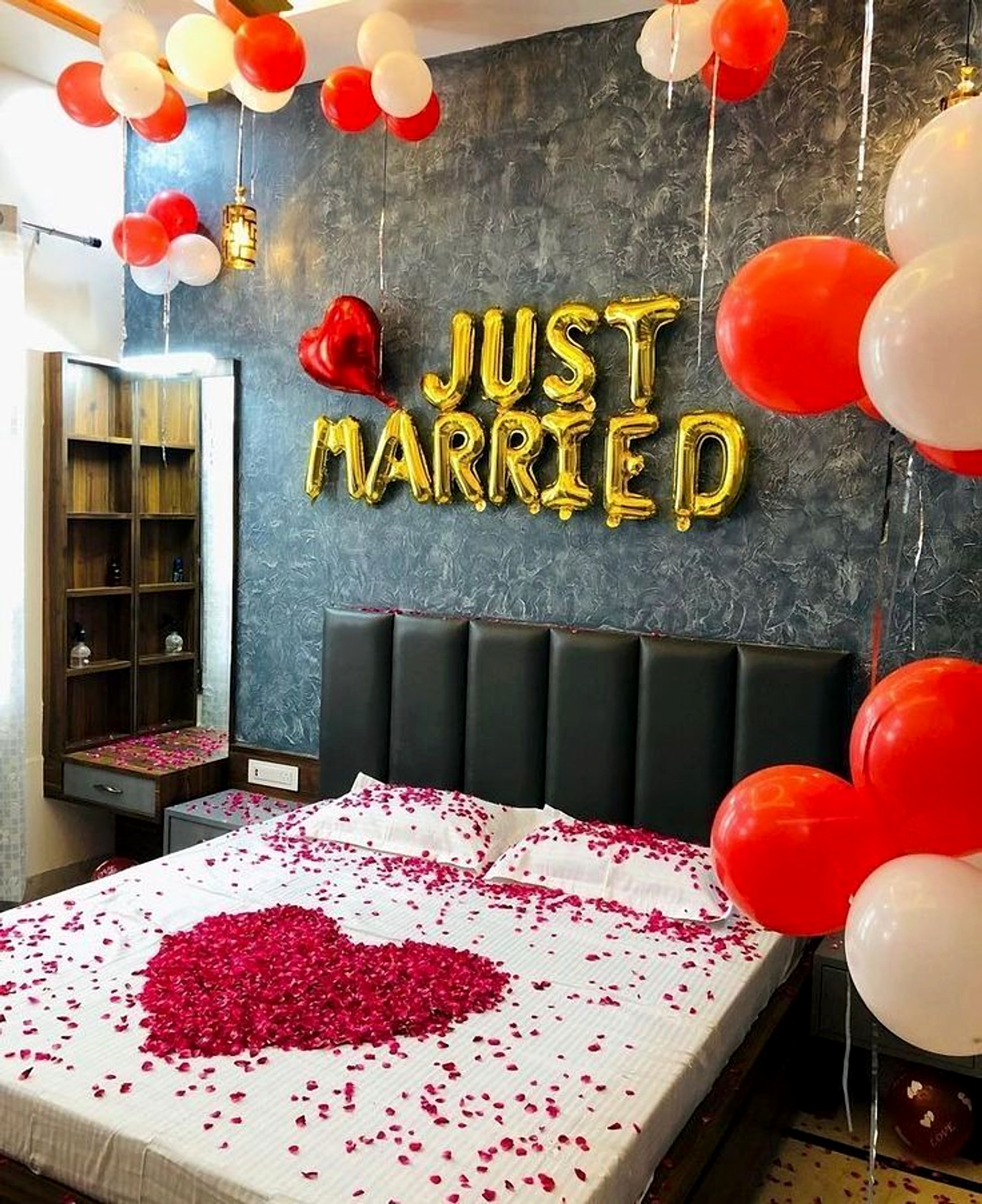 Romantic Just Married Wedding Room Decoration With Red And White Balloons - Wedding Knots by ARV Decor thumbnail 2