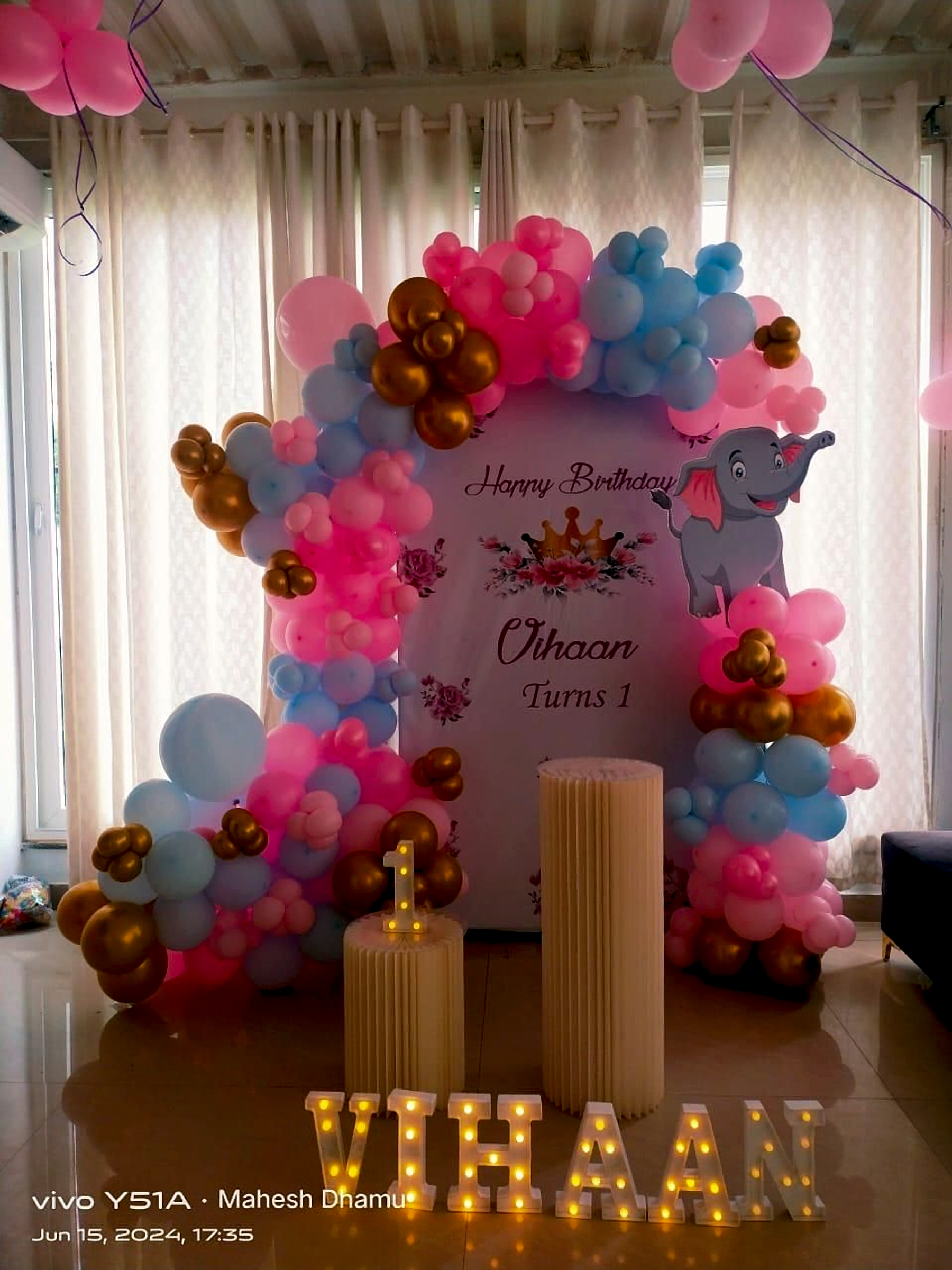 Kids Birthday Blue Pink Balloon Arch With Led Name Marquee And Elephant Theme Decor - Kids Birthday Decoration by ARV Decor thumbnail 2