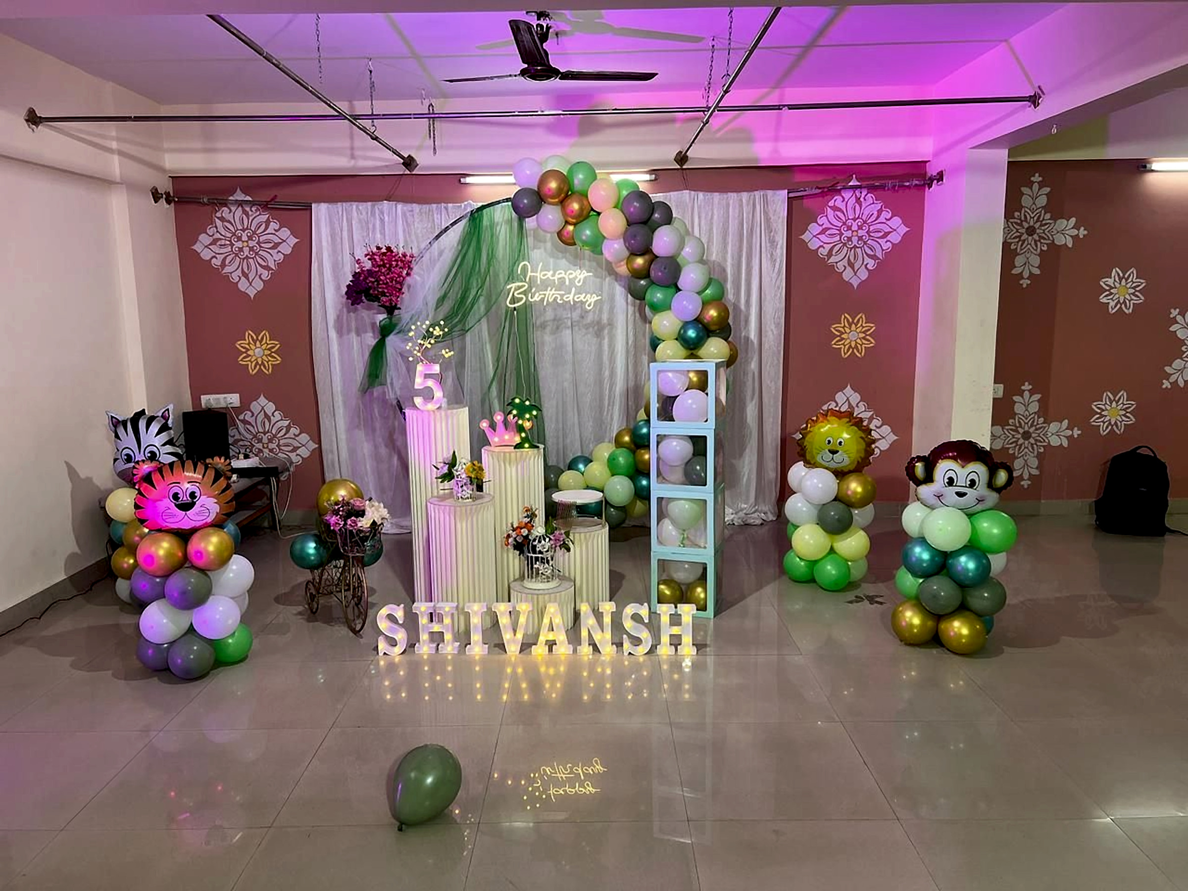 Kids Birthday Jungle Theme Green And Gold Balloon Decor With Animal Cutouts - birthday decoration by ARV Decor
