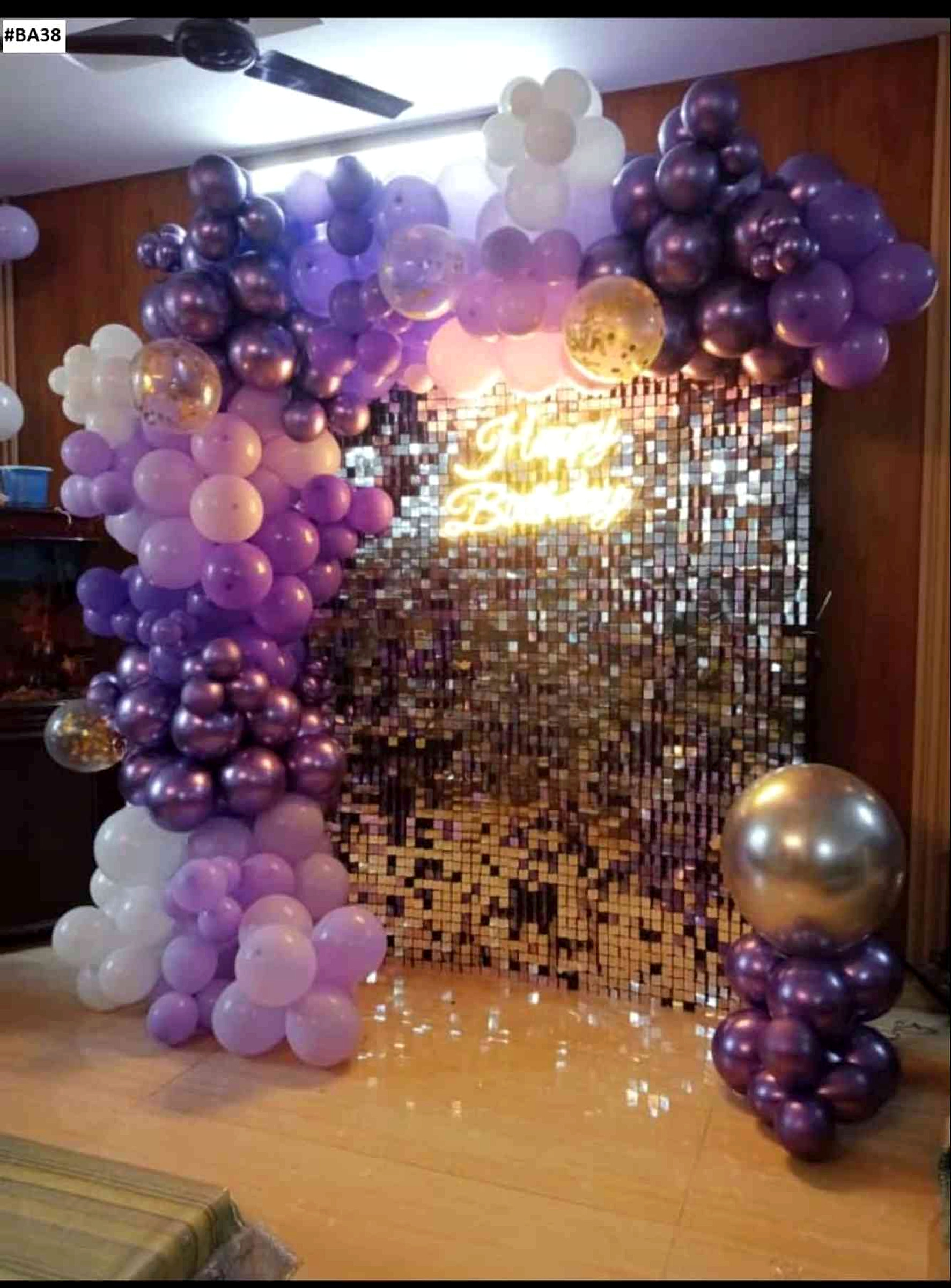 Purple And Gold Birthday Backdrop With Modern Balloon Arch And Neon Sign - adult birthday by ARV Decor thumbnail 2