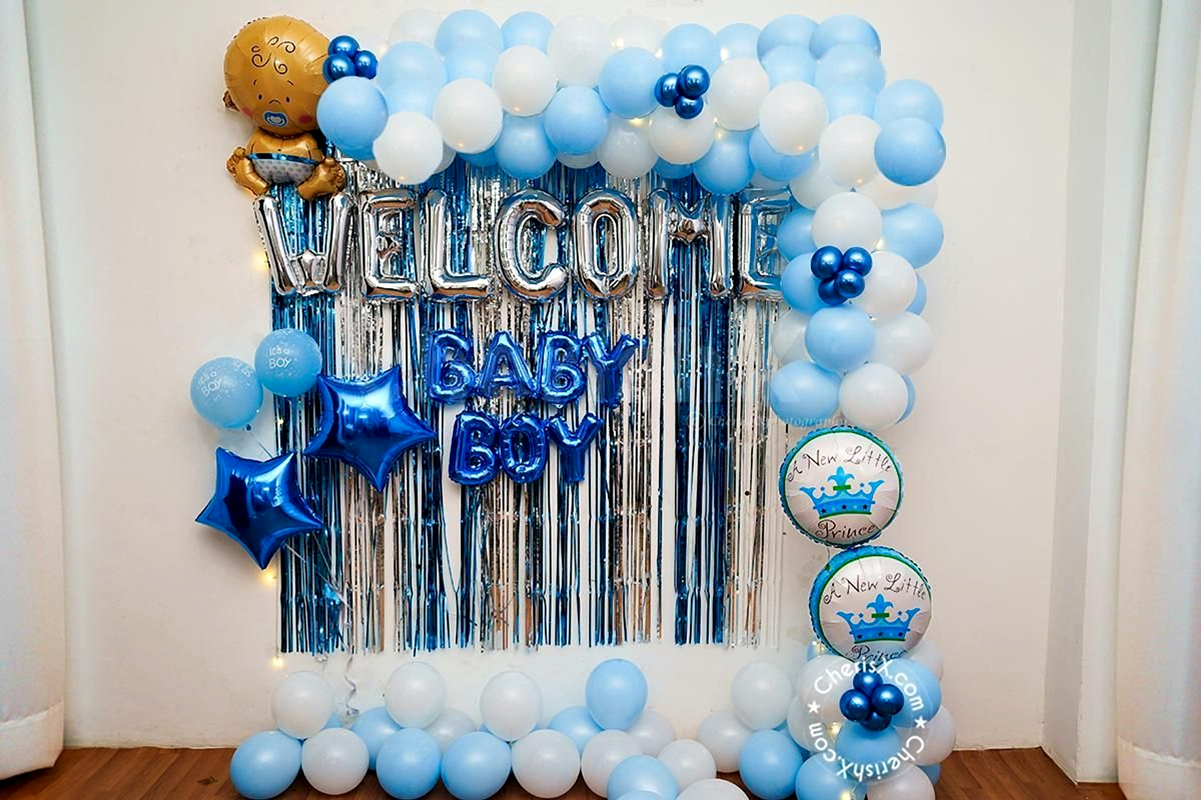 Welcome Baby Boy Blue And Silver Balloon Backdrop With Foil Letters - Baby shower by ARV Decor thumbnail 2