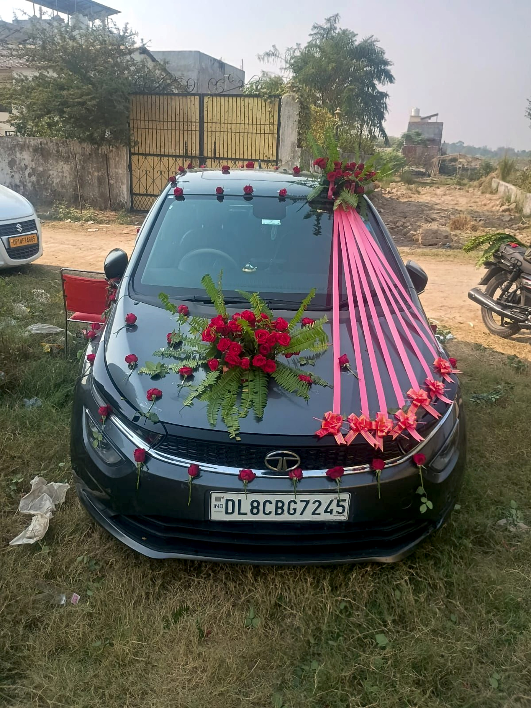 Traditional Red Rose And Pink Ribbon Wedding Car Decoration - wedding car decor by ARV Decor thumbnail 2