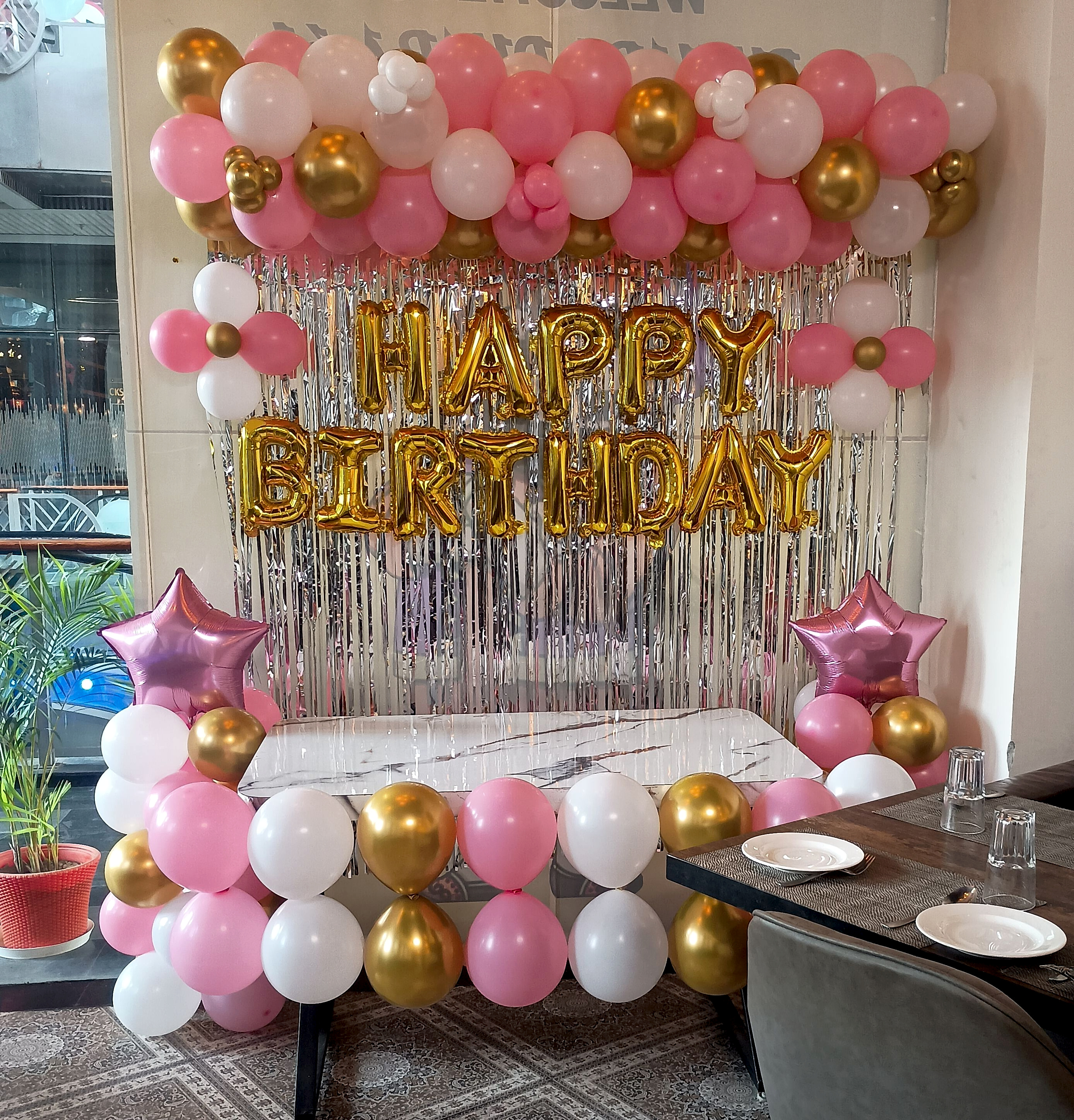 Pink And Gold Kids Birthday Balloon Backdrop Decor With Fringe And Star Balloons - Kids Birthday Decoration by ARV Decor thumbnail 2