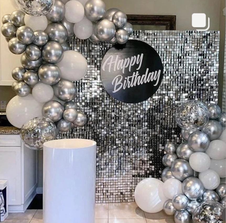 Silver Shimmer Wall with Balloon Arch