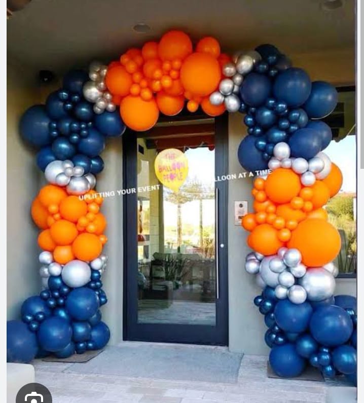 Blue Orange Entrance Arch Setup – balloon and flower decoration by ARVDecor