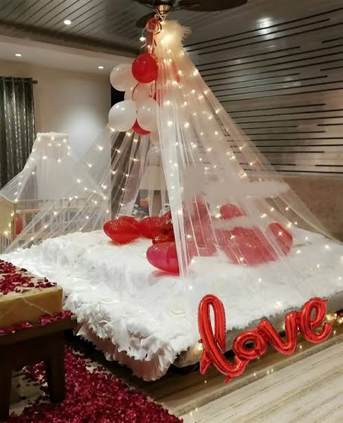 Romantic Canopy Bed Setup (Red & White)