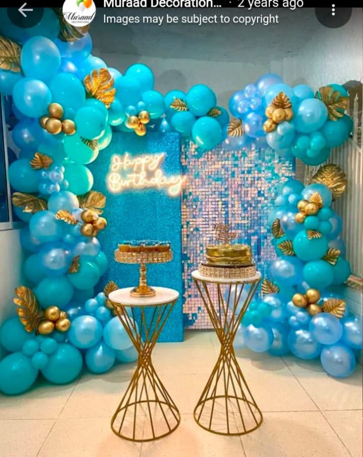 Aqua Blue Golden Sequin Theme – balloon and flower decoration by ARVDecor