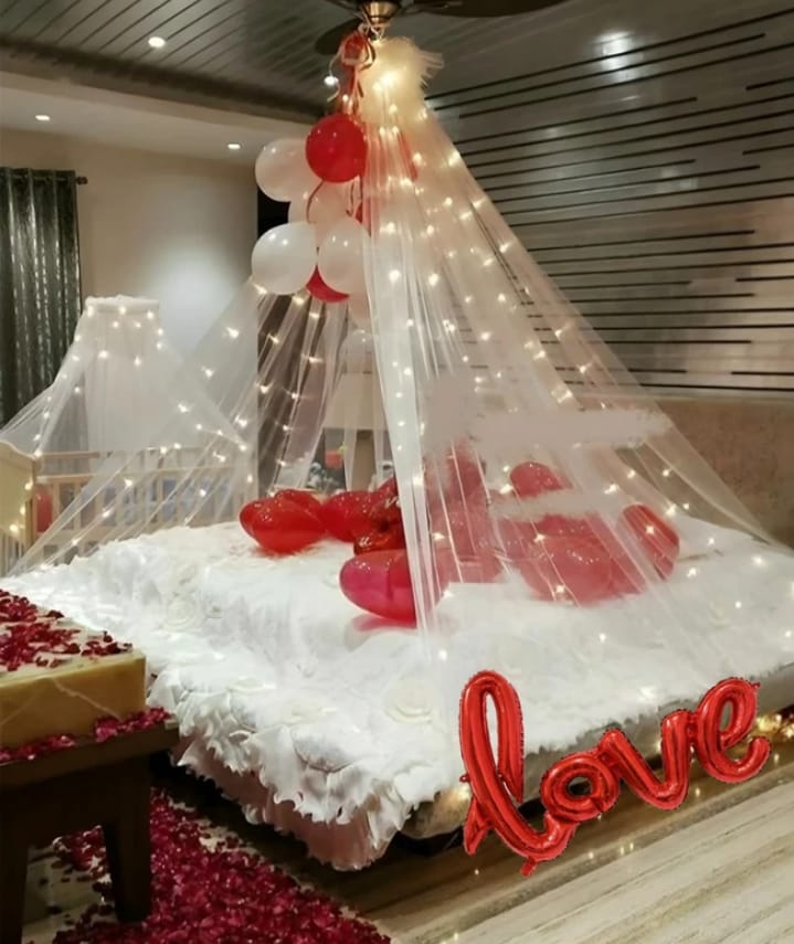 Romantic Love Canopy Setup – anniversary room decoration by ARVDecor