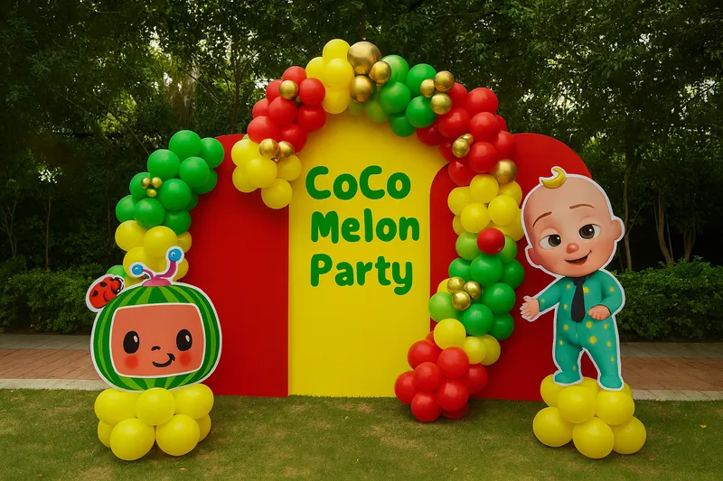 Cocomelon Outdoor Arch Setup – balloon and flower decoration by ARVDecor